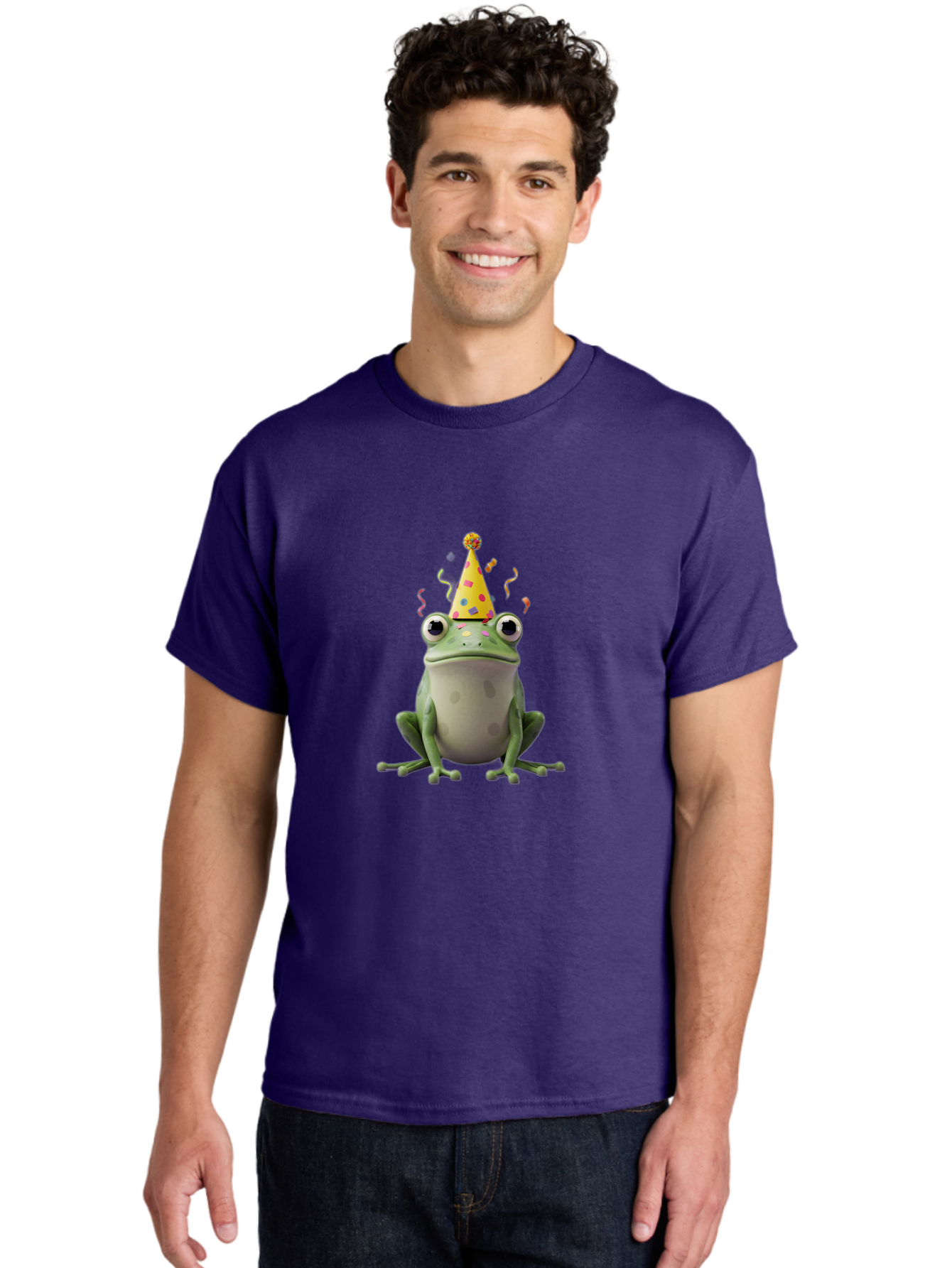 Party-Frog-4 Men'S Graphic Tee, 100% Cotton, Comfortable Casual Summer Wear, Machine Washable, Cartoon Frog, Party Hat, Celebration, Confetti, Funny Animal, Playful Creature, Festive Atmosphere, Colorful Decorations, Joyful Moment, Bac212