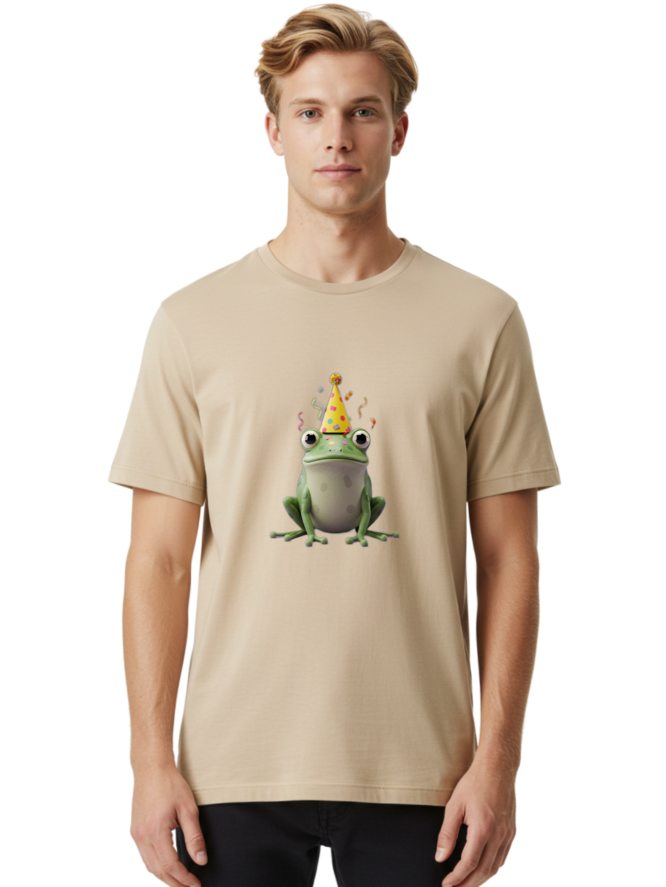Party-Frog-4 Men'S Graphic Tee, 100% Cotton, Comfortable Casual Summer Wear, Machine Washable, Cartoon Frog, Party Hat, Celebration, Confetti, Funny Animal, Playful Creature, Festive Atmosphere, Colorful Decorations, Joyful Moment, Bac212