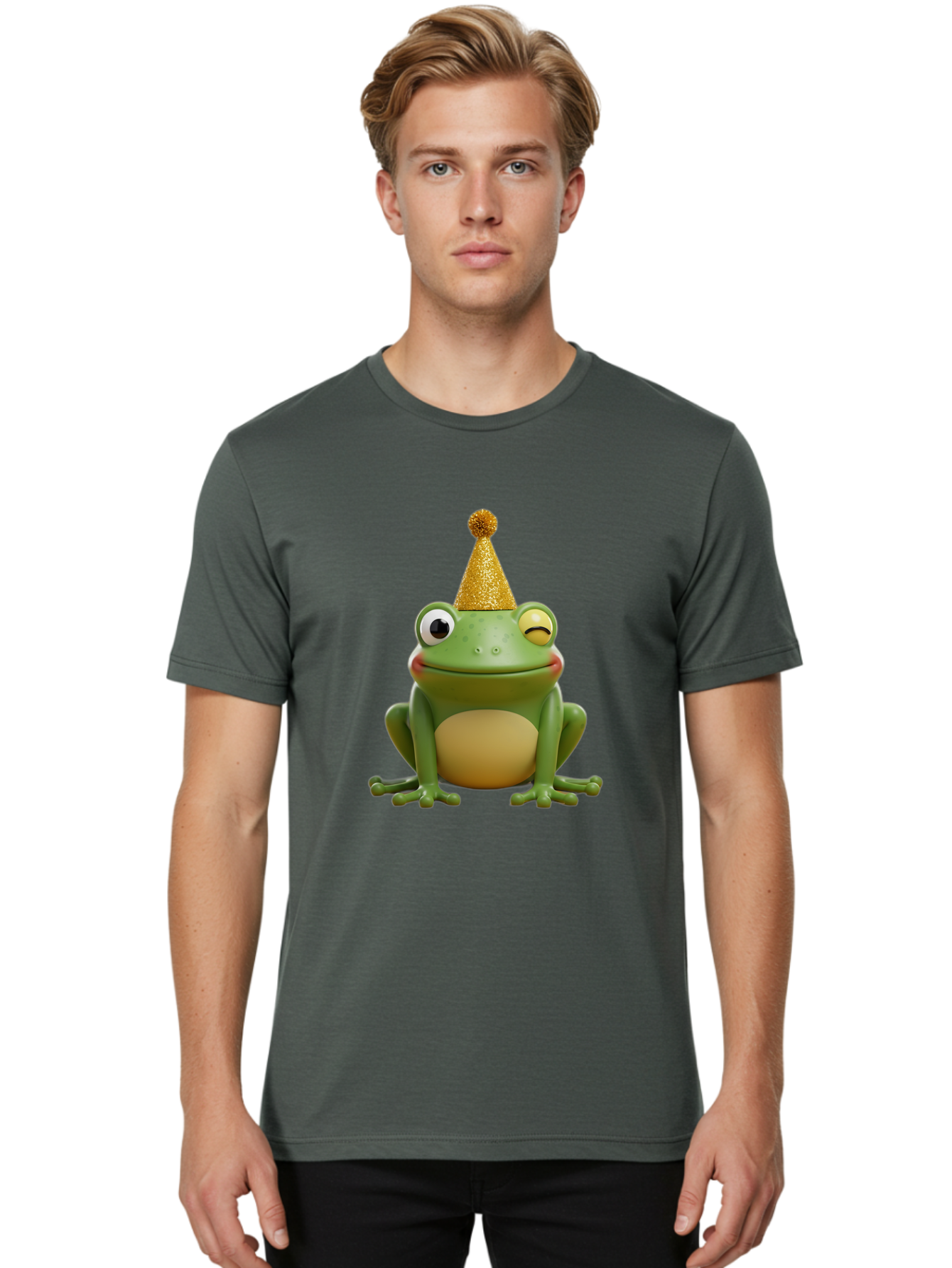 Party-Frog-5 Men'S Graphic Tee, 100% Cotton, Comfortable Casual Summer Wear, Machine Washable, Funny Cartoon Frog, Party Hat, Gold Confetti Hat, Celebration, Happiness, Cute Amphibian, Party Animal, Humorous Illustration, Whimsical Design, Bac213