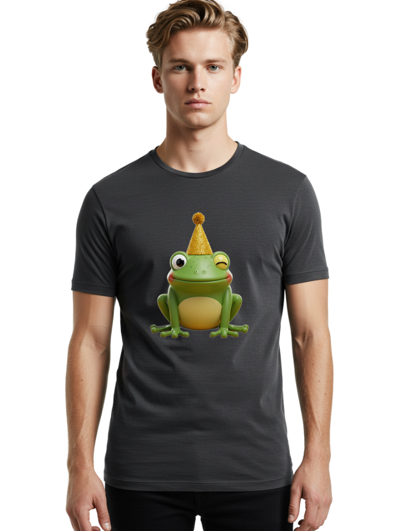 Party-Frog-5 Men'S Graphic Tee, 100% Cotton, Comfortable Casual Summer Wear, Machine Washable, Funny Cartoon Frog, Party Hat, Gold Confetti Hat, Celebration, Happiness, Cute Amphibian, Party Animal, Humorous Illustration, Whimsical Design, Bac213