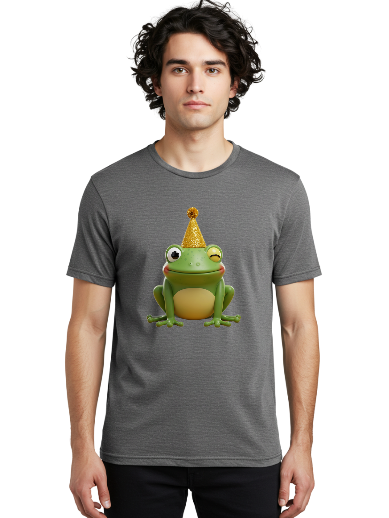 Party-Frog-5 Men'S Graphic Tee, 100% Cotton, Comfortable Casual Summer Wear, Machine Washable, Funny Cartoon Frog, Party Hat, Gold Confetti Hat, Celebration, Happiness, Cute Amphibian, Party Animal, Humorous Illustration, Whimsical Design, Bac213
