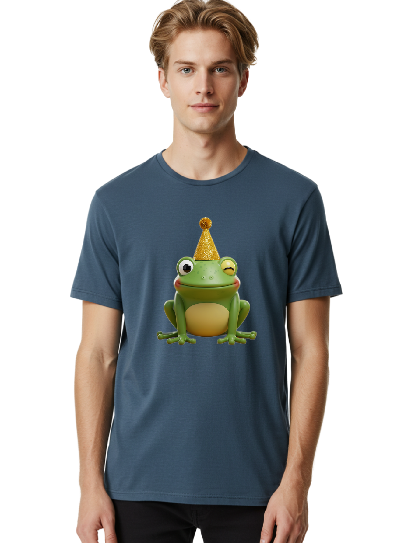 Party-Frog-5 Men'S Graphic Tee, 100% Cotton, Comfortable Casual Summer Wear, Machine Washable, Funny Cartoon Frog, Party Hat, Gold Confetti Hat, Celebration, Happiness, Cute Amphibian, Party Animal, Humorous Illustration, Whimsical Design, Bac213