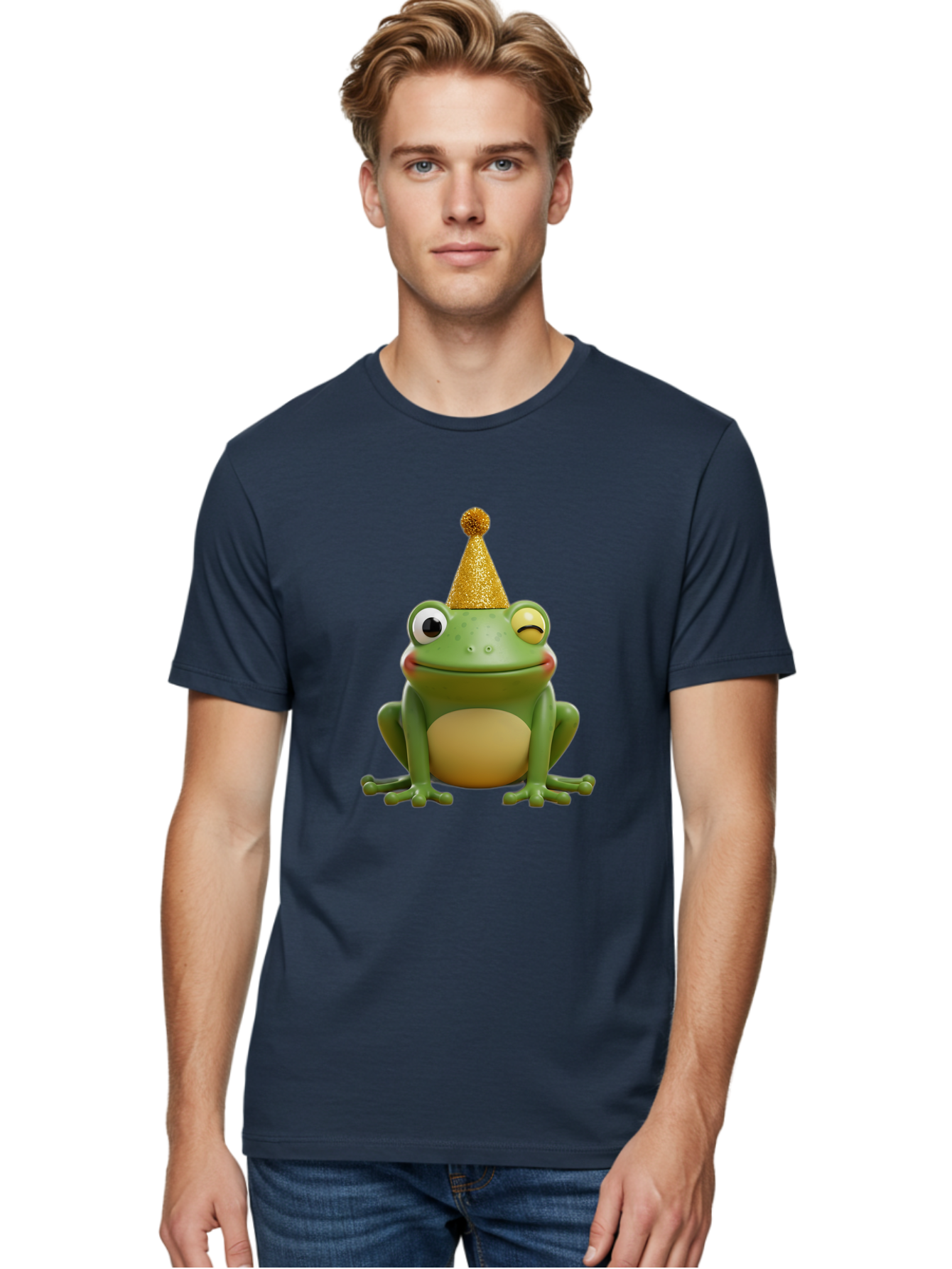 Party-Frog-5 Men'S Graphic Tee, 100% Cotton, Comfortable Casual Summer Wear, Machine Washable, Funny Cartoon Frog, Party Hat, Gold Confetti Hat, Celebration, Happiness, Cute Amphibian, Party Animal, Humorous Illustration, Whimsical Design, Bac213