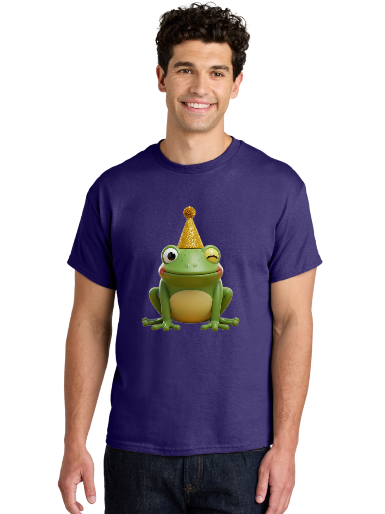 Party-Frog-5 Men'S Graphic Tee, 100% Cotton, Comfortable Casual Summer Wear, Machine Washable, Funny Cartoon Frog, Party Hat, Gold Confetti Hat, Celebration, Happiness, Cute Amphibian, Party Animal, Humorous Illustration, Whimsical Design, Bac213