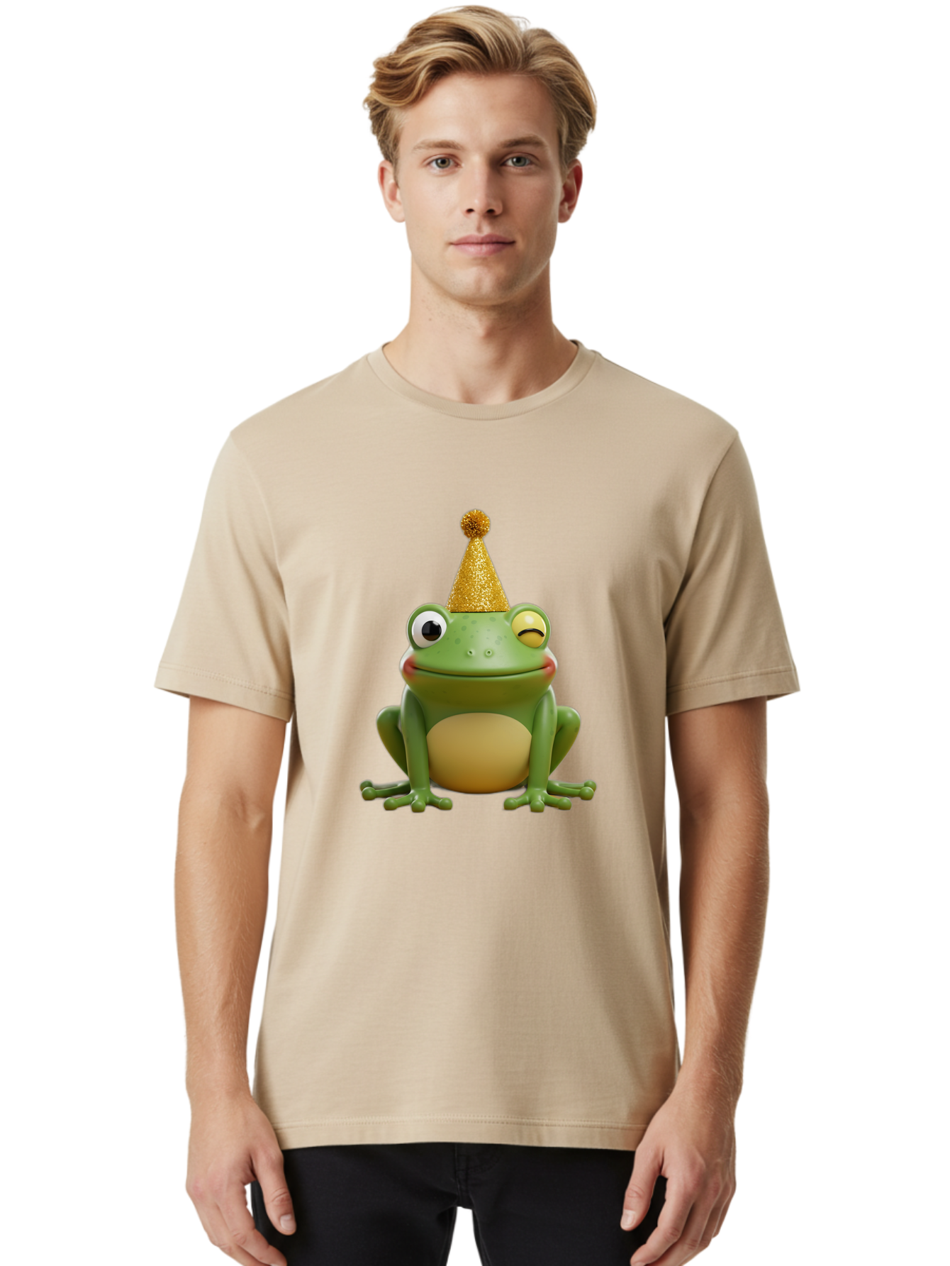 Party-Frog-5 Men'S Graphic Tee, 100% Cotton, Comfortable Casual Summer Wear, Machine Washable, Funny Cartoon Frog, Party Hat, Gold Confetti Hat, Celebration, Happiness, Cute Amphibian, Party Animal, Humorous Illustration, Whimsical Design, Bac213