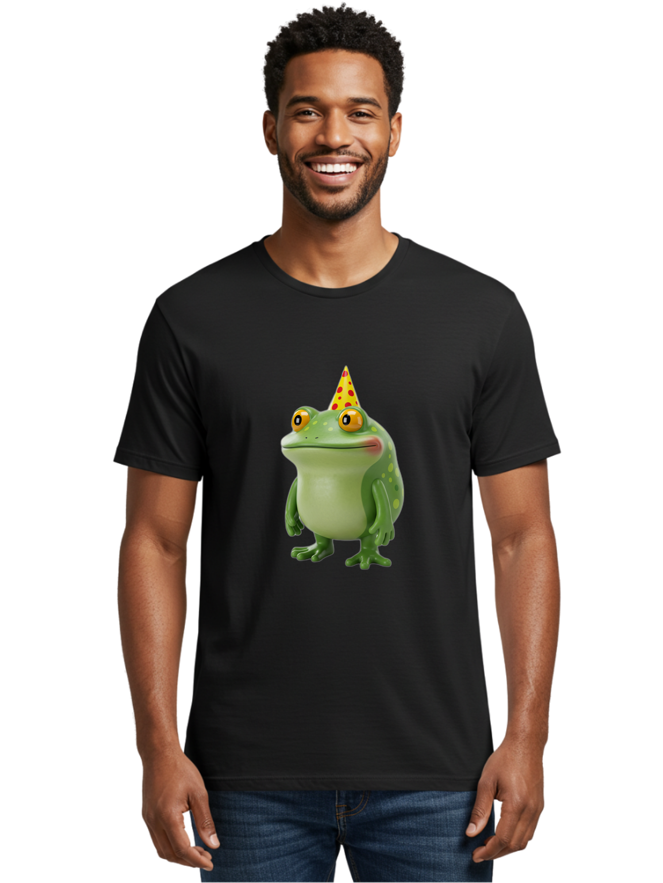 Party-Frog-Hat Men'S Graphic Tee, 100% Cotton, Comfortable Casual Summer Wear, Machine Washable, Cartoon Frog, Birthday Party, Festive Atmosphere, Yellow Party Hat, Red Polka Dots, Large Orange Eyes, Green Amphibian, Fun Celebration, Bac214