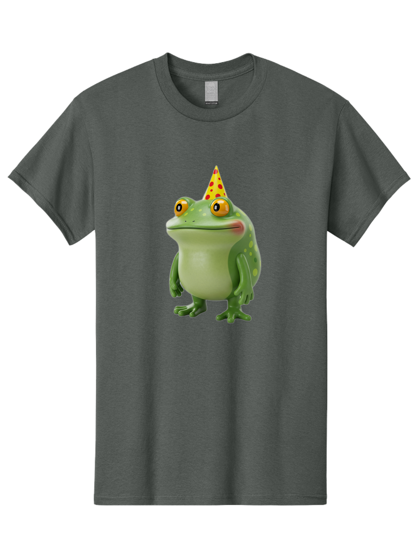 Party-Frog-Hat Men'S Graphic Tee, 100% Cotton, Comfortable Casual Summer Wear, Machine Washable, Cartoon Frog, Birthday Party, Festive Atmosphere, Yellow Party Hat, Red Polka Dots, Large Orange Eyes, Green Amphibian, Fun Celebration, Bac214