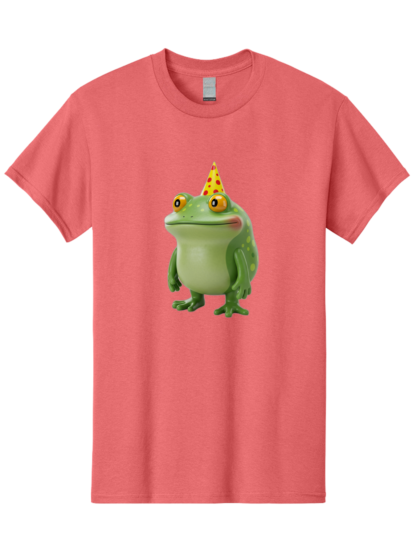 Party-Frog-Hat Men'S Graphic Tee, 100% Cotton, Comfortable Casual Summer Wear, Machine Washable, Cartoon Frog, Birthday Party, Festive Atmosphere, Yellow Party Hat, Red Polka Dots, Large Orange Eyes, Green Amphibian, Fun Celebration, Bac214