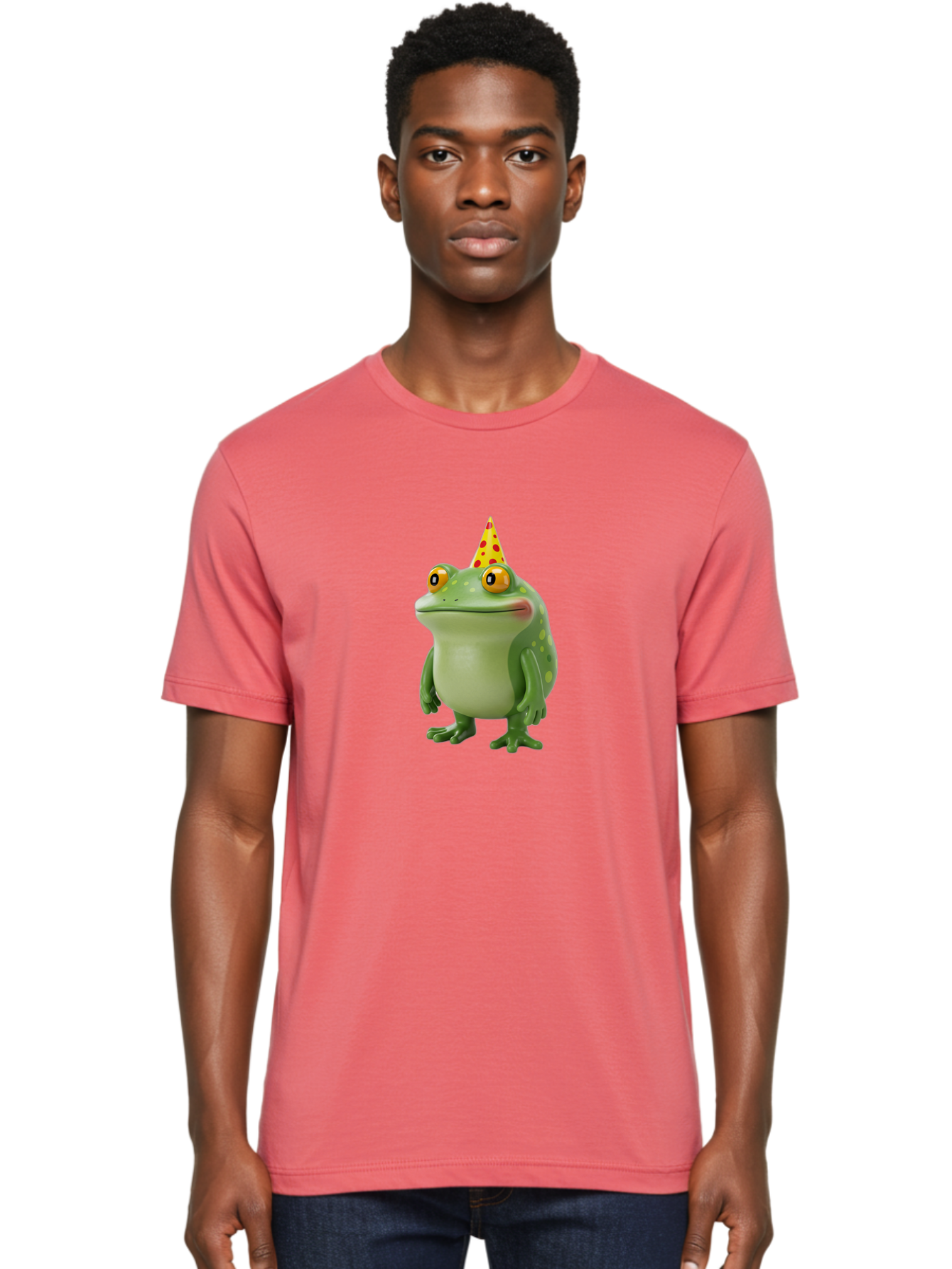 Party-Frog-Hat Men'S Graphic Tee, 100% Cotton, Comfortable Casual Summer Wear, Machine Washable, Cartoon Frog, Birthday Party, Festive Atmosphere, Yellow Party Hat, Red Polka Dots, Large Orange Eyes, Green Amphibian, Fun Celebration, Bac214