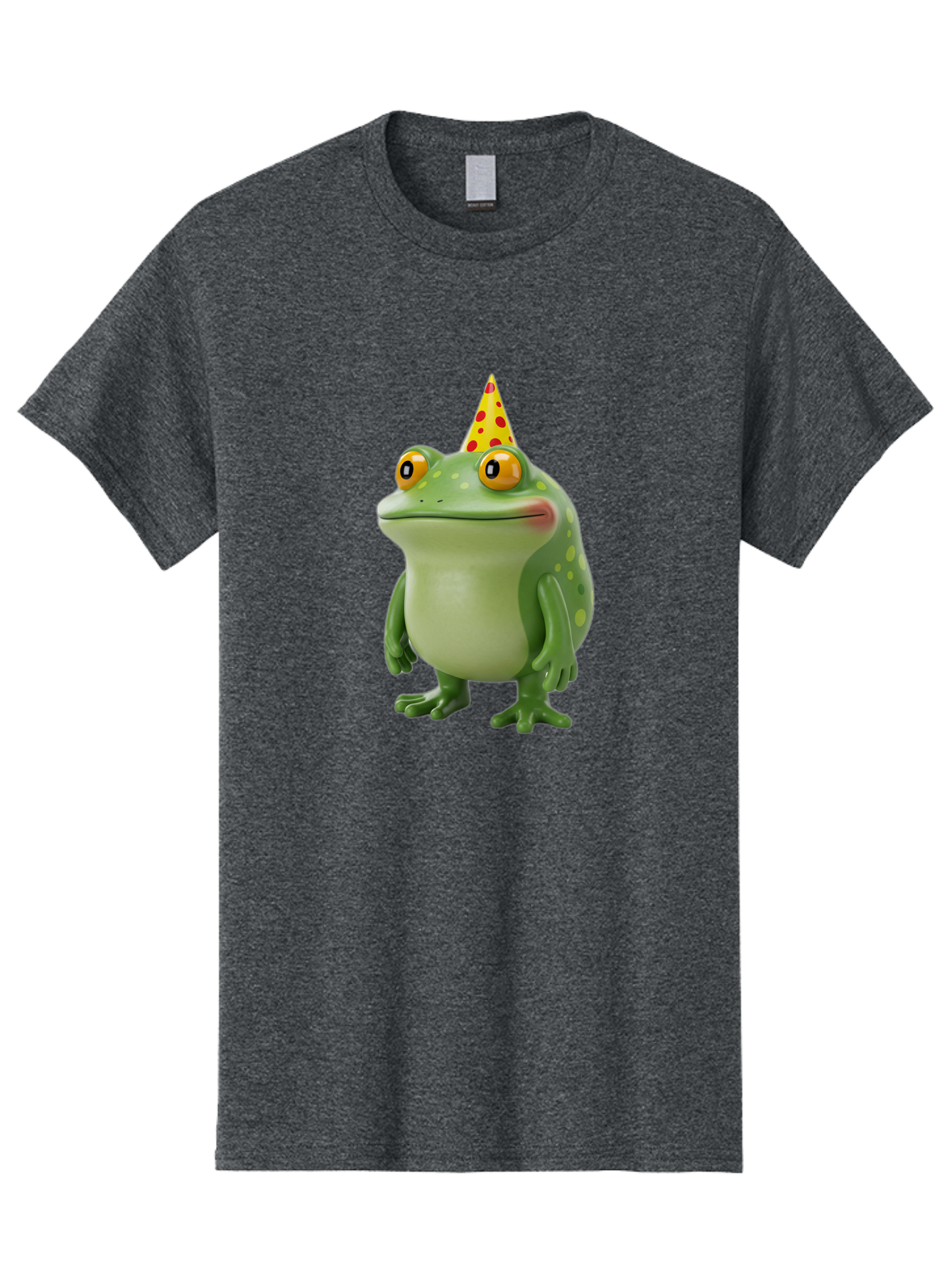 Party-Frog-Hat Men'S Graphic Tee, 100% Cotton, Comfortable Casual Summer Wear, Machine Washable, Cartoon Frog, Birthday Party, Festive Atmosphere, Yellow Party Hat, Red Polka Dots, Large Orange Eyes, Green Amphibian, Fun Celebration, Bac214