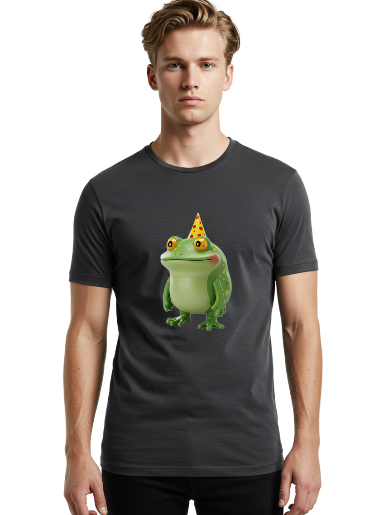 Party-Frog-Hat Men'S Graphic Tee, 100% Cotton, Comfortable Casual Summer Wear, Machine Washable, Cartoon Frog, Birthday Party, Festive Atmosphere, Yellow Party Hat, Red Polka Dots, Large Orange Eyes, Green Amphibian, Fun Celebration, Bac214