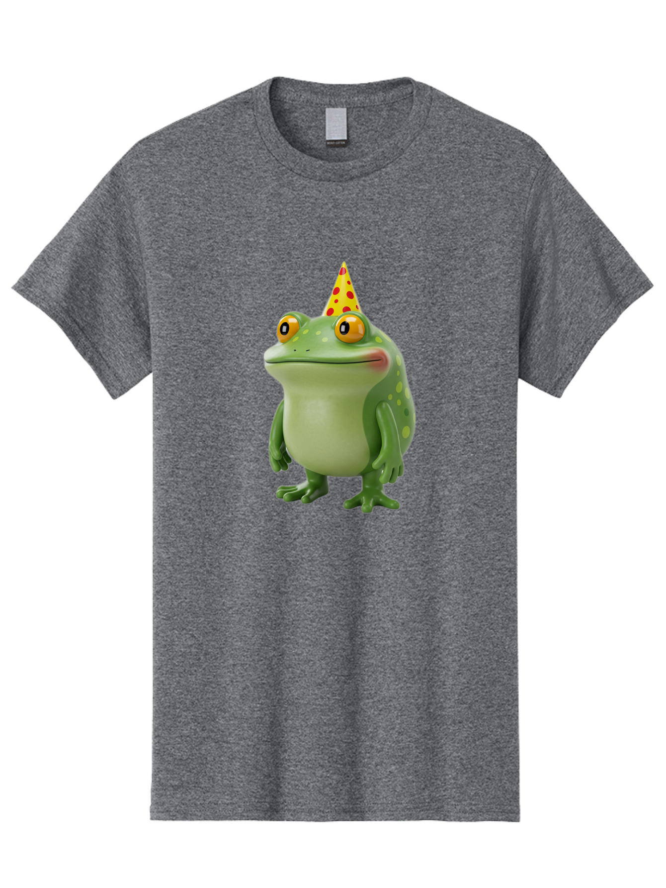 Party-Frog-Hat Men'S Graphic Tee, 100% Cotton, Comfortable Casual Summer Wear, Machine Washable, Cartoon Frog, Birthday Party, Festive Atmosphere, Yellow Party Hat, Red Polka Dots, Large Orange Eyes, Green Amphibian, Fun Celebration, Bac214