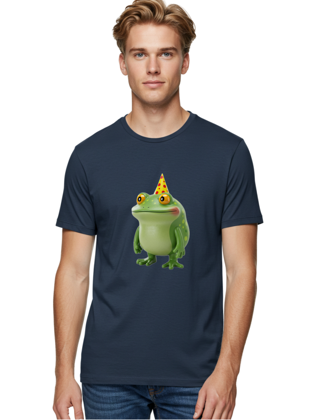 Party-Frog-Hat Men'S Graphic Tee, 100% Cotton, Comfortable Casual Summer Wear, Machine Washable, Cartoon Frog, Birthday Party, Festive Atmosphere, Yellow Party Hat, Red Polka Dots, Large Orange Eyes, Green Amphibian, Fun Celebration, Bac214
