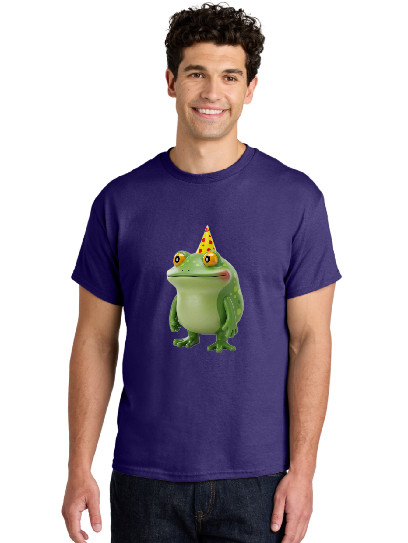 Party-Frog-Hat Men'S Graphic Tee, 100% Cotton, Comfortable Casual Summer Wear, Machine Washable, Cartoon Frog, Birthday Party, Festive Atmosphere, Yellow Party Hat, Red Polka Dots, Large Orange Eyes, Green Amphibian, Fun Celebration, Bac214