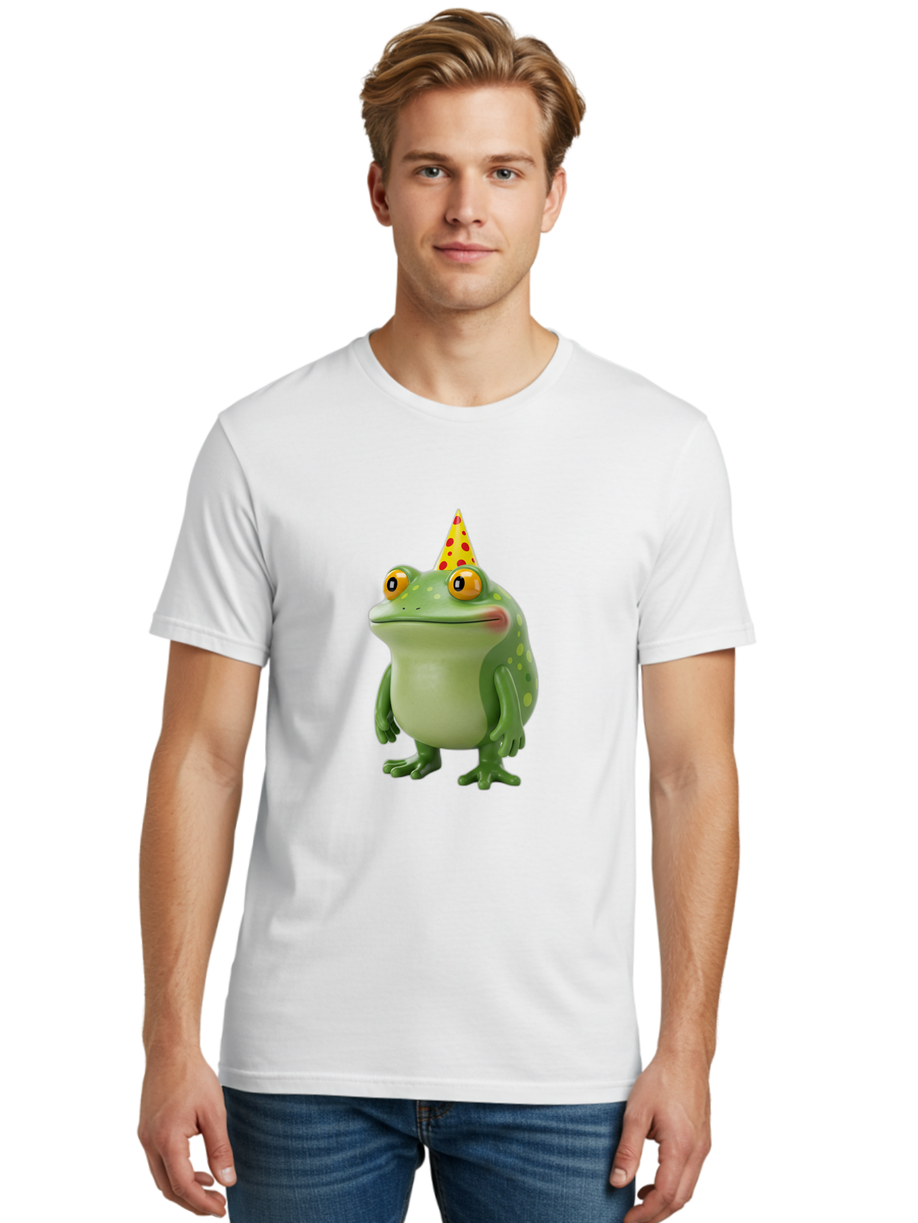 Party-Frog-Hat Men'S Graphic Tee, 100% Cotton, Comfortable Casual Summer Wear, Machine Washable, Cartoon Frog, Birthday Party, Festive Atmosphere, Yellow Party Hat, Red Polka Dots, Large Orange Eyes, Green Amphibian, Fun Celebration, Bac214