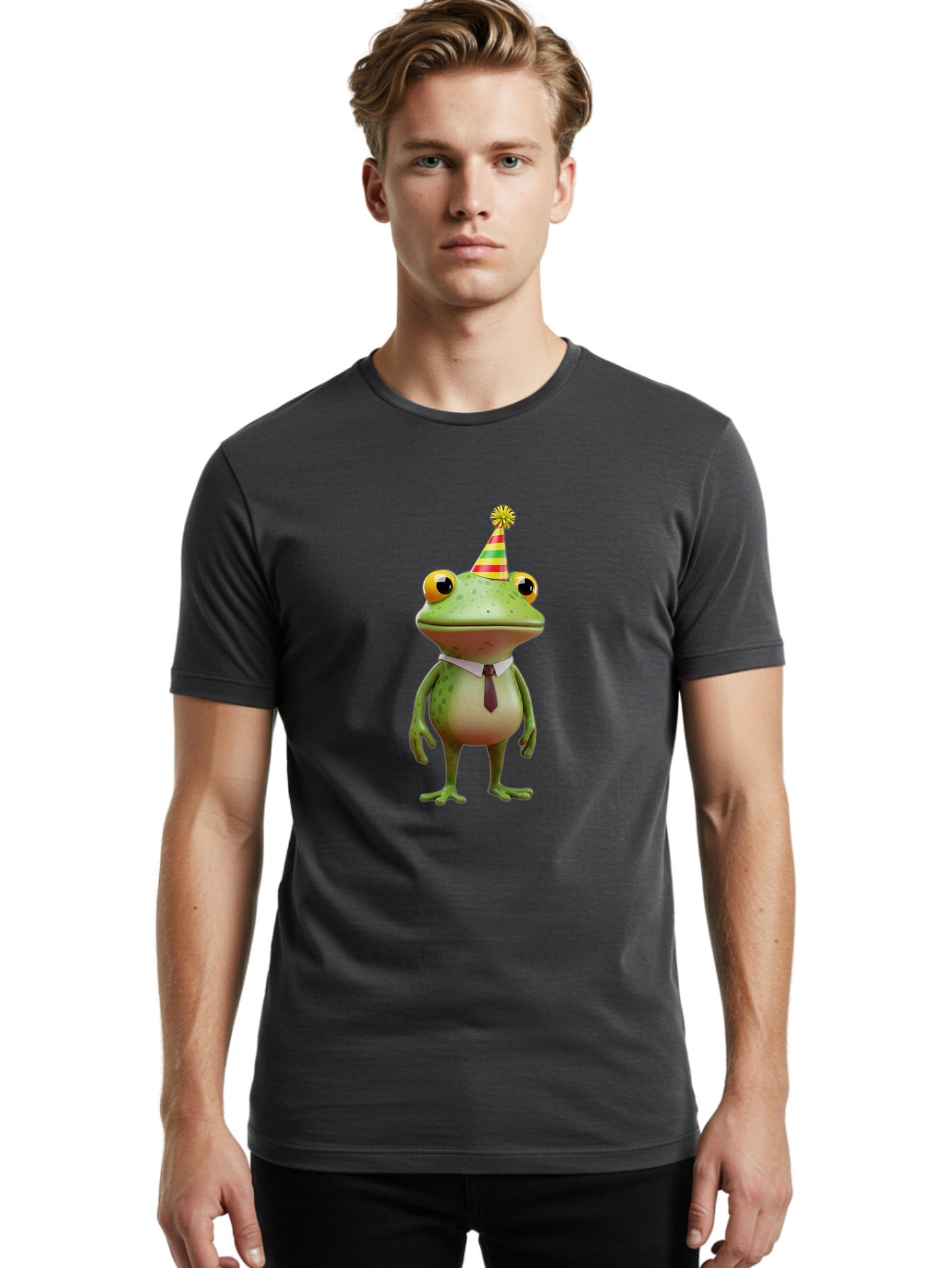 Party-Frog Men'S Graphic Tee, 100% Cotton, Comfortable Casual Summer Wear, Machine Washable, Funny Cartoon Frog, Party Hat, Festive Atmosphere, Celebration Mode, Comical Character, Animated Creature, Joyful Expression, Playful Vibe, Bac215