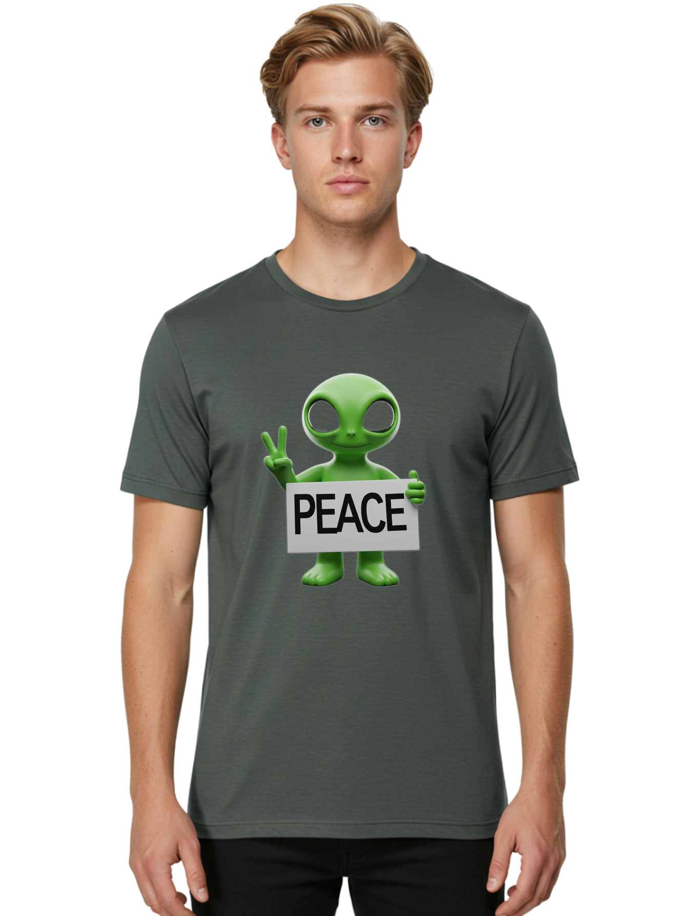 Peace-Alien Men'S Graphic Tee, 100% Cotton, Comfortable Casual Summer Wear, Machine Washable, Alien Holding Peace Sign, Extraterrestrial Being, Peace Symbol, Harmony, Unity, Alien Character, Positive Vibes, 3D Rendering, Funny Alien, Bac217
