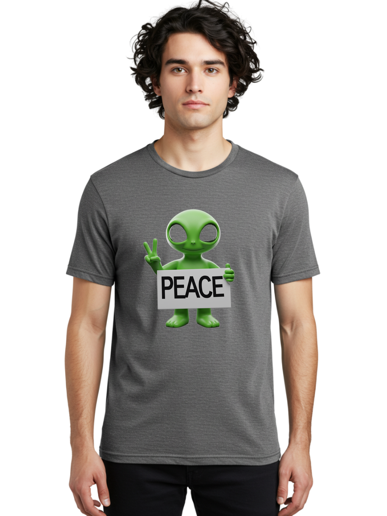 Peace-Alien Men'S Graphic Tee, 100% Cotton, Comfortable Casual Summer Wear, Machine Washable, Alien Holding Peace Sign, Extraterrestrial Being, Peace Symbol, Harmony, Unity, Alien Character, Positive Vibes, 3D Rendering, Funny Alien, Bac217