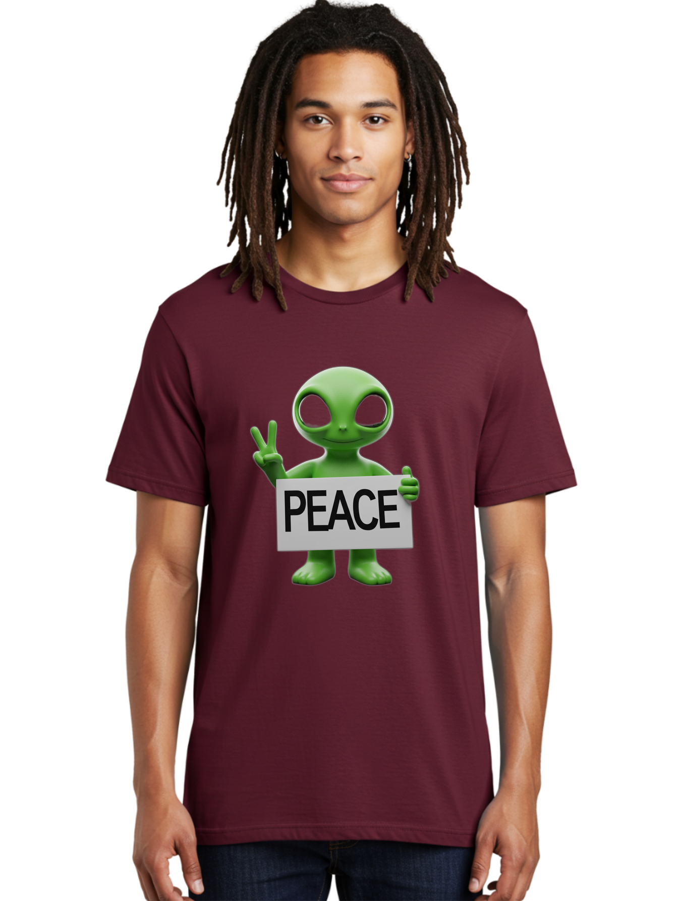 Peace-Alien Men'S Graphic Tee, 100% Cotton, Comfortable Casual Summer Wear, Machine Washable, Alien Holding Peace Sign, Extraterrestrial Being, Peace Symbol, Harmony, Unity, Alien Character, Positive Vibes, 3D Rendering, Funny Alien, Bac217