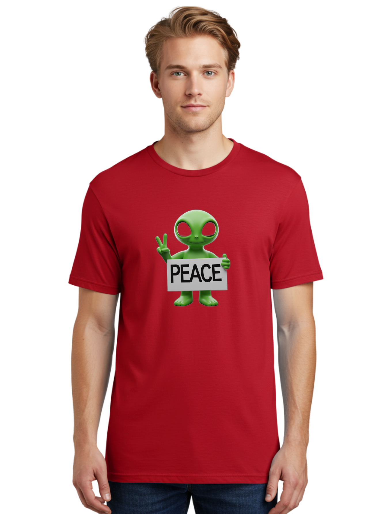 Peace-Alien Men'S Graphic Tee, 100% Cotton, Comfortable Casual Summer Wear, Machine Washable, Alien Holding Peace Sign, Extraterrestrial Being, Peace Symbol, Harmony, Unity, Alien Character, Positive Vibes, 3D Rendering, Funny Alien, Bac217