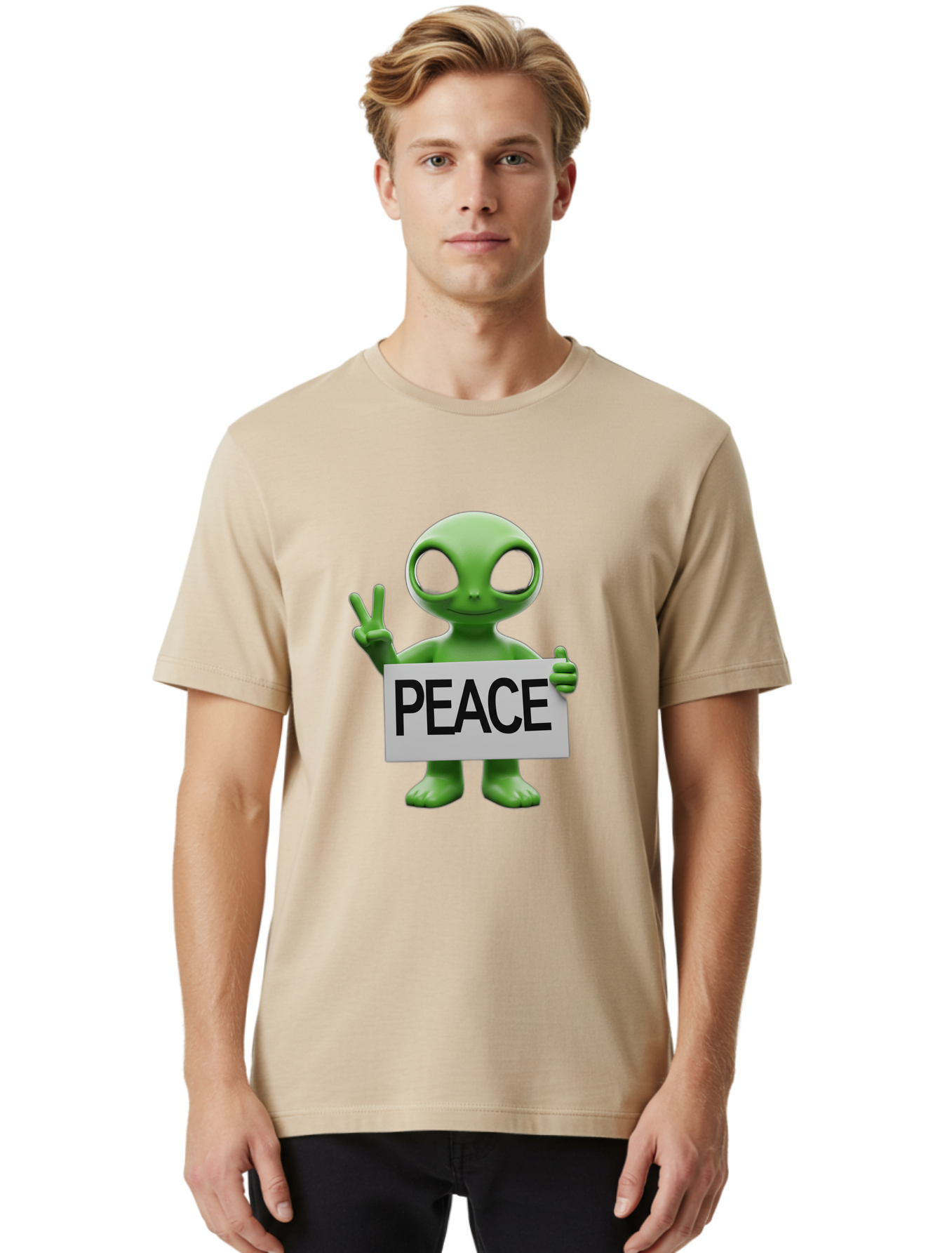 Peace-Alien Men'S Graphic Tee, 100% Cotton, Comfortable Casual Summer Wear, Machine Washable, Alien Holding Peace Sign, Extraterrestrial Being, Peace Symbol, Harmony, Unity, Alien Character, Positive Vibes, 3D Rendering, Funny Alien, Bac217
