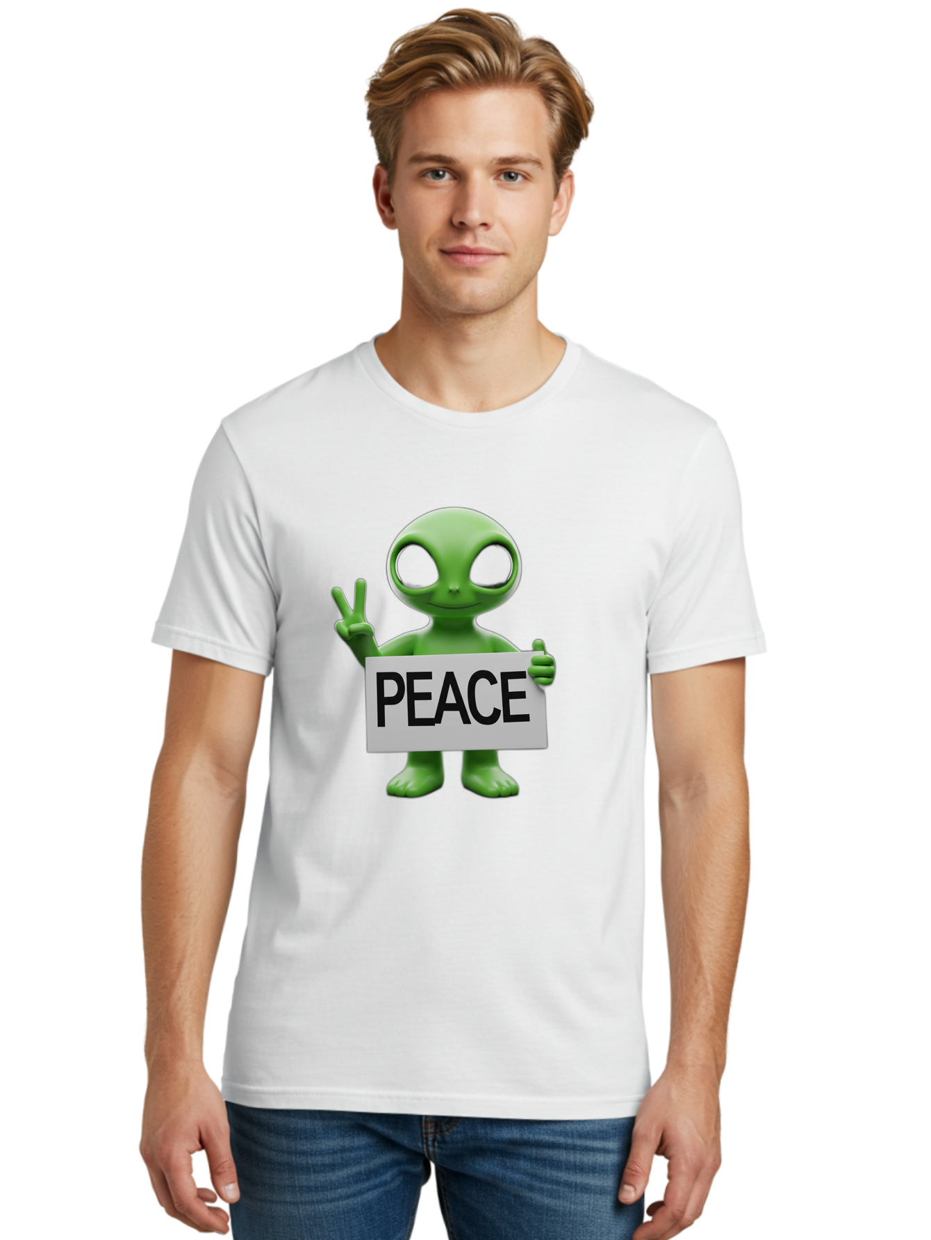 Peace-Alien Men'S Graphic Tee, 100% Cotton, Comfortable Casual Summer Wear, Machine Washable, Alien Holding Peace Sign, Extraterrestrial Being, Peace Symbol, Harmony, Unity, Alien Character, Positive Vibes, 3D Rendering, Funny Alien, Bac217