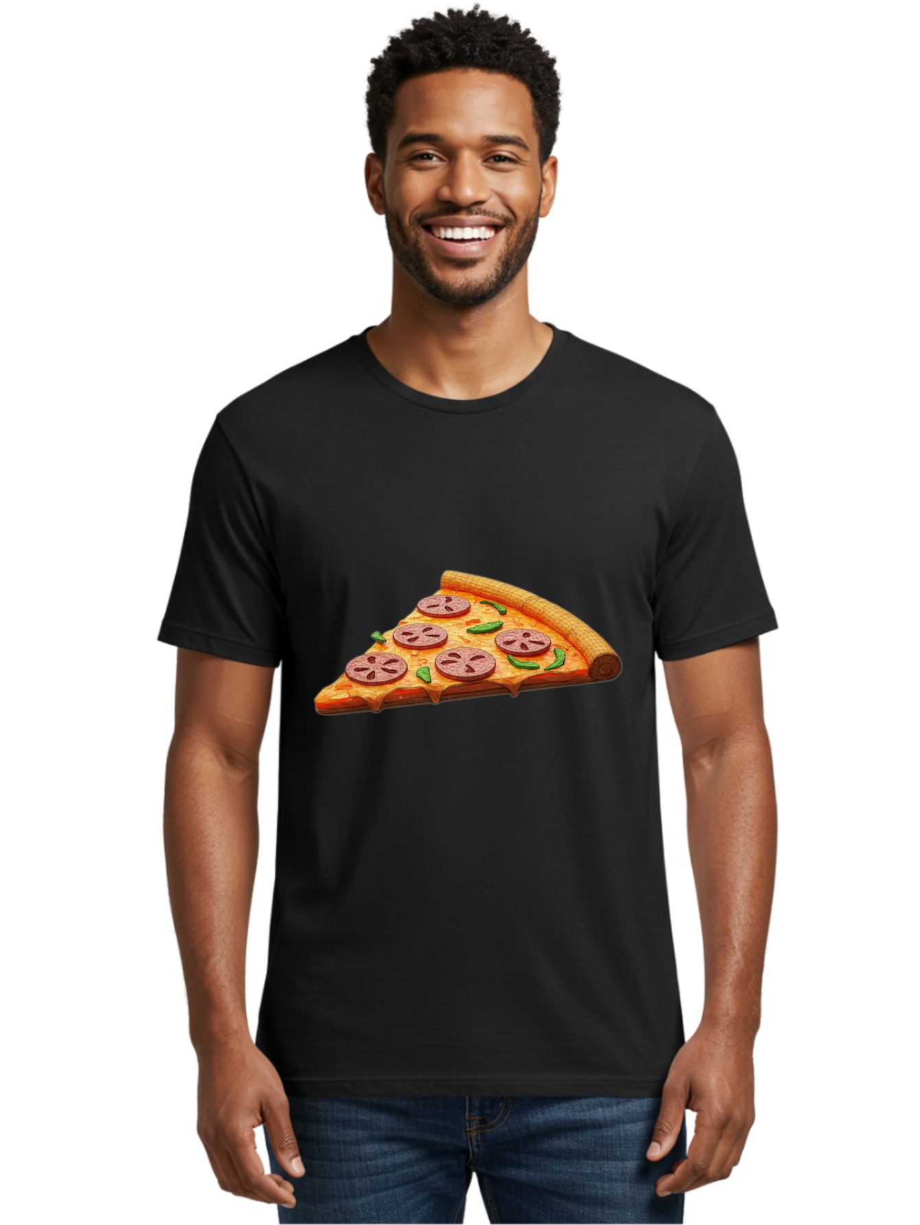 Pepperoni-Pizza-Slice-1 Men'S Graphic Tee, 100% Cotton, Comfortable Casual Summer Wear, Machine Washable, Pepperoni Pizza Slice, Melted Cheese, Pepperoni Slices, Jalapeno Peppers, Cartoon-Style Pizza, Food Illustration, Savory Treat Bac219