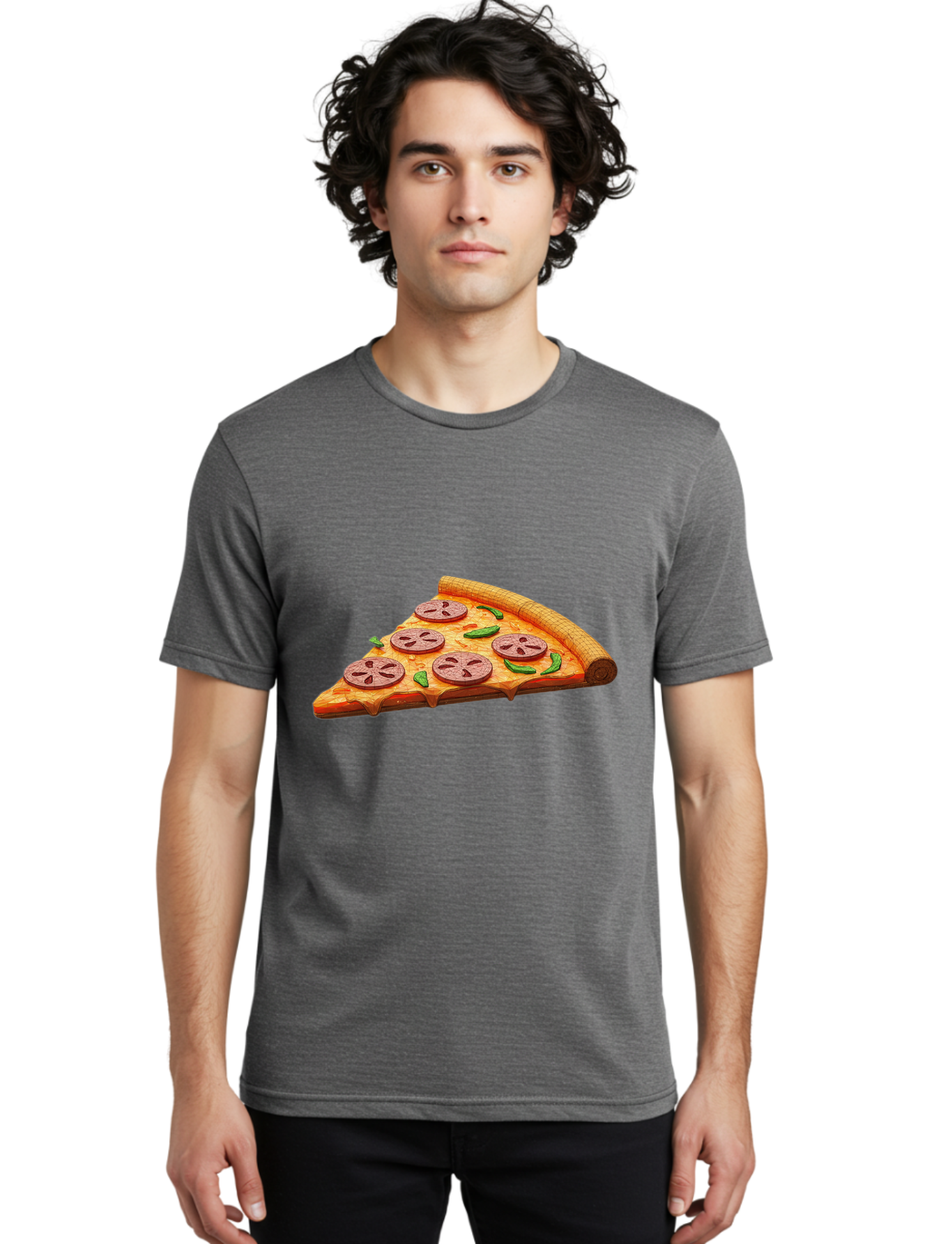 Pepperoni-Pizza-Slice-1 Men'S Graphic Tee, 100% Cotton, Comfortable Casual Summer Wear, Machine Washable, Pepperoni Pizza Slice, Melted Cheese, Pepperoni Slices, Jalapeno Peppers, Cartoon-Style Pizza, Food Illustration, Savory Treat Bac219