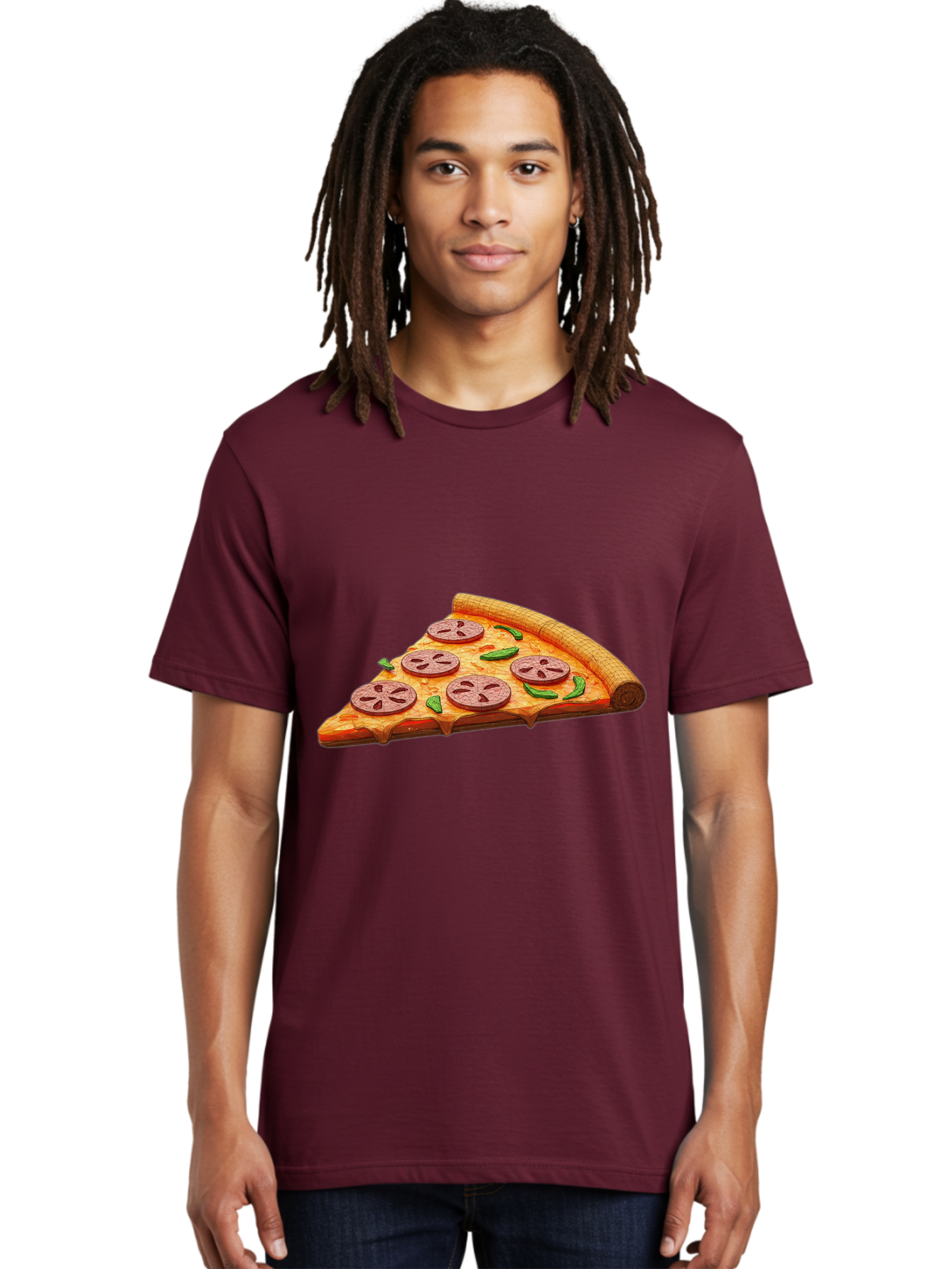 Pepperoni-Pizza-Slice-1 Men'S Graphic Tee, 100% Cotton, Comfortable Casual Summer Wear, Machine Washable, Pepperoni Pizza Slice, Melted Cheese, Pepperoni Slices, Jalapeno Peppers, Cartoon-Style Pizza, Food Illustration, Savory Treat Bac219