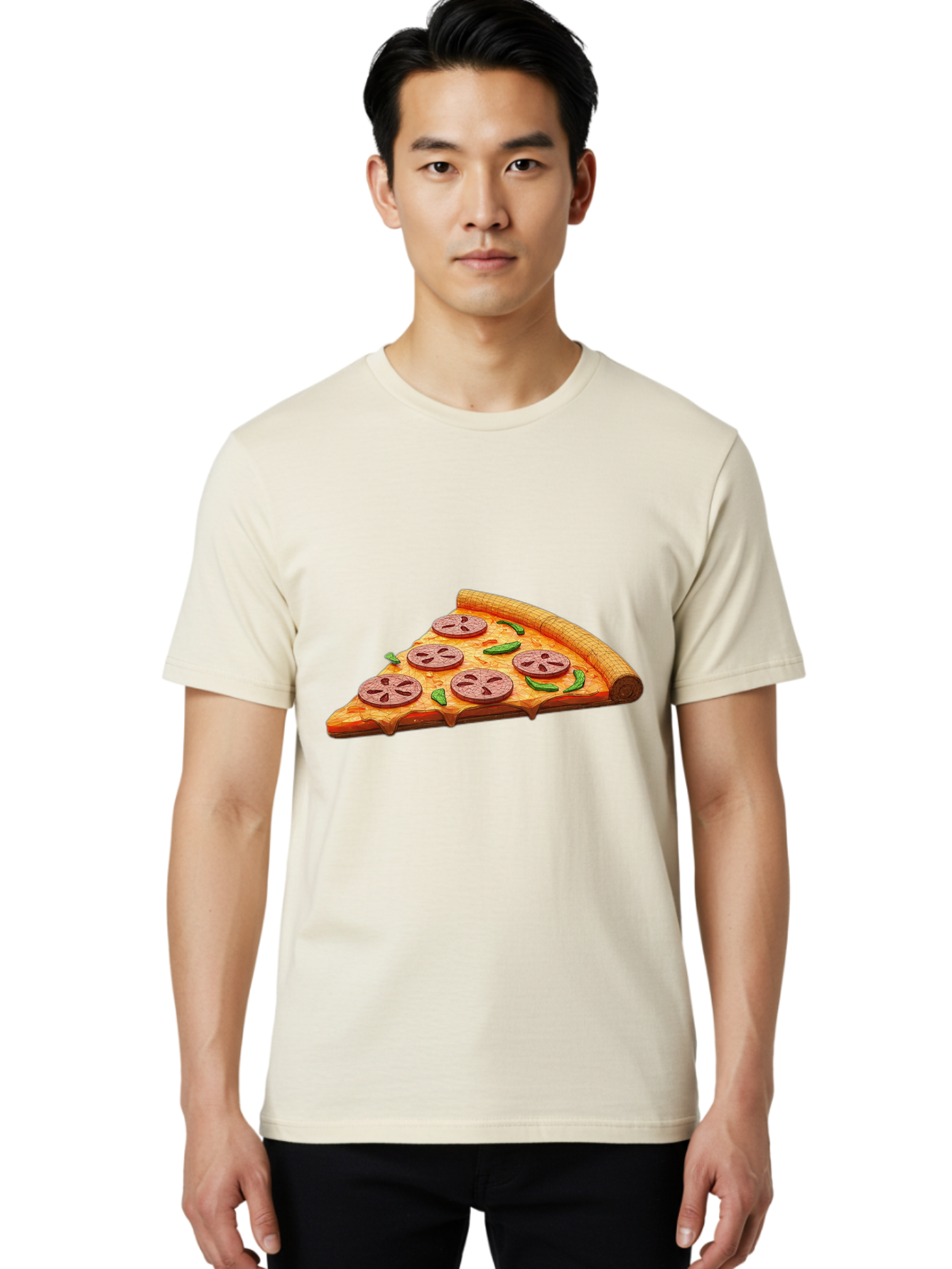 Pepperoni-Pizza-Slice-1 Men'S Graphic Tee, 100% Cotton, Comfortable Casual Summer Wear, Machine Washable, Pepperoni Pizza Slice, Melted Cheese, Pepperoni Slices, Jalapeno Peppers, Cartoon-Style Pizza, Food Illustration, Savory Treat Bac219