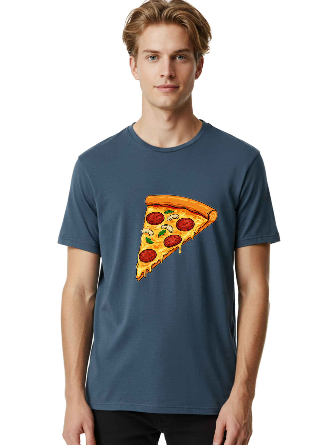Pepperoni-Pizza-Slice-13 Men'S Graphic Tee, 100% Cotton, Comfortable Casual Summer Wear, Machine Washable, Cheesy Pizza Slice, Pepperoni Pizza, Melting Cheese, Crusty Edge, Fresh Basil Leaves, Savory Toppings, Italian Cuisine, Delicious Food, Bac223