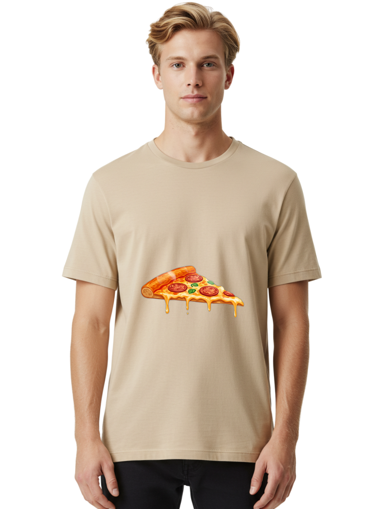 Pepperoni-Pizza-Slice-14 Men'S Graphic Tee, 100% Cotton, Comfortable Casual Summer Wear, Machine Washable, Cheesy Pepperoni Pizza, Melted Mozzarella, Spicy Pepperoni Slices, Fresh Basil Leaves, Italian Cuisine, Pizza Lover, Foodie Delight, Bac224