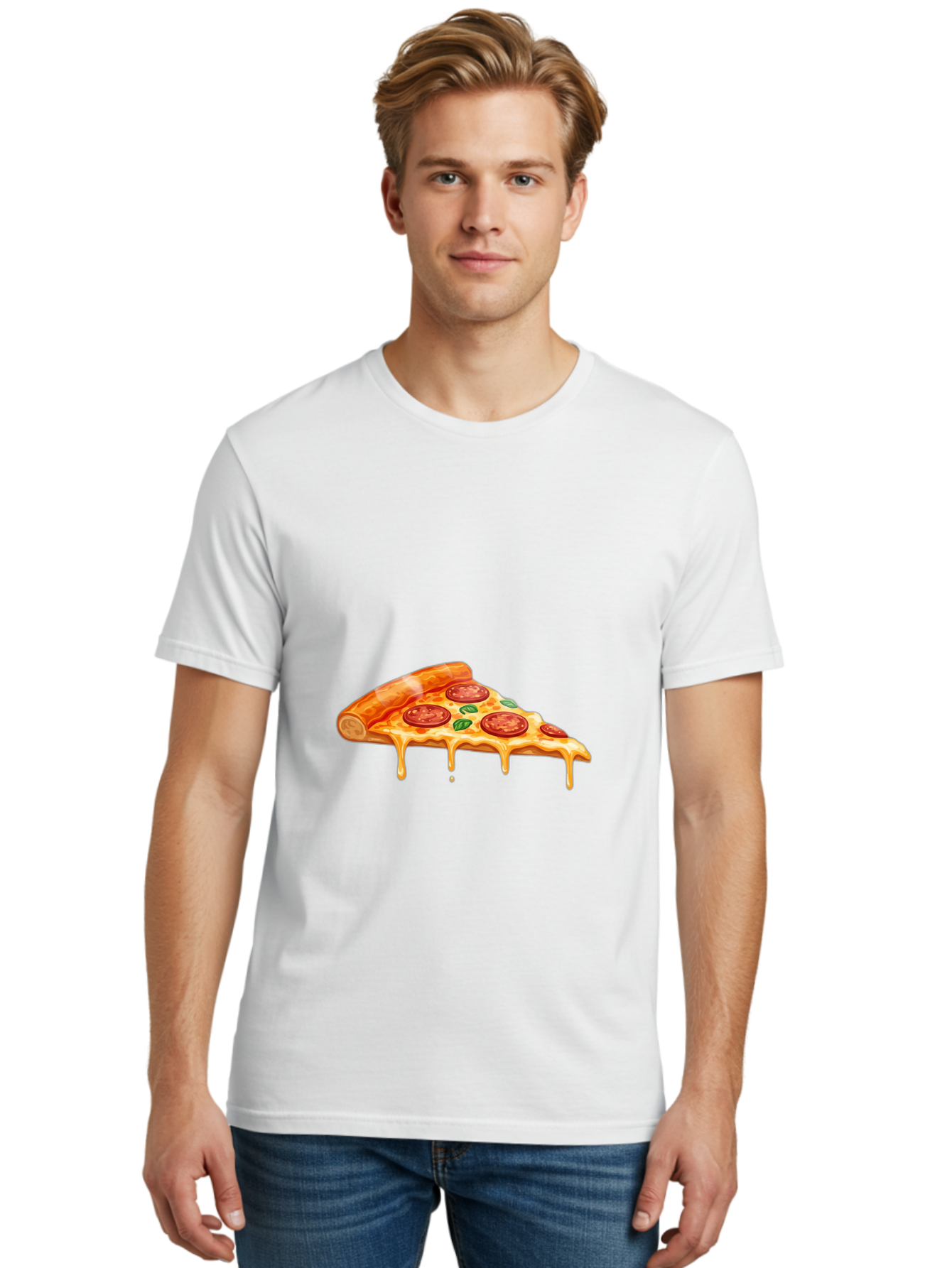 Pepperoni-Pizza-Slice-14 Men'S Graphic Tee, 100% Cotton, Comfortable Casual Summer Wear, Machine Washable, Cheesy Pepperoni Pizza, Melted Mozzarella, Spicy Pepperoni Slices, Fresh Basil Leaves, Italian Cuisine, Pizza Lover, Foodie Delight, Bac224