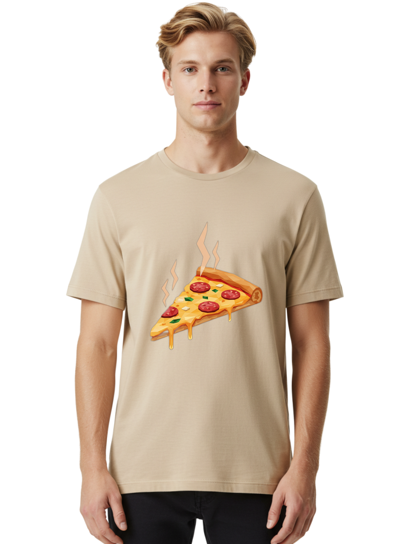 Pepperoni-Pizza-Slice-15 Men'S Graphic Tee, 100% Cotton, Comfortable Casual Summer Wear, Machine Washable, Pepperoni Pizza Slice, Melting Cheese, Green Peppers, Mozzarella, Hot, Fresh, Savory, Italian Cuisine, Melted Mozzarella, Gooey Cheese, Bac225
