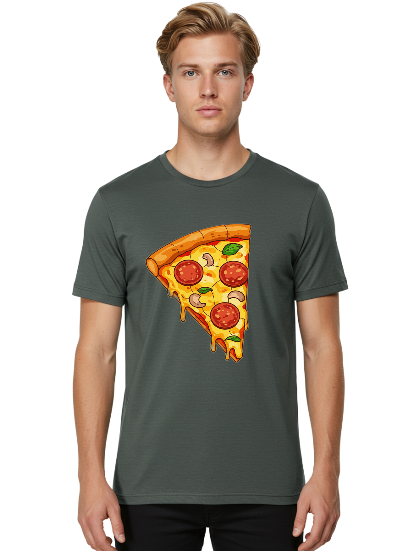 Pepperoni-Pizza-Slice-2 Men'S Graphic Tee, 100% Cotton, Comfortable Casual Summer Wear, Machine Washable, Cheesy Pizza Slice, Pepperoni Pizza, Cashew Nuts, Basil Leaves, Melted Cheese, Golden Crust, Cartoon Pizza, Pizza Graphics, Bac230
