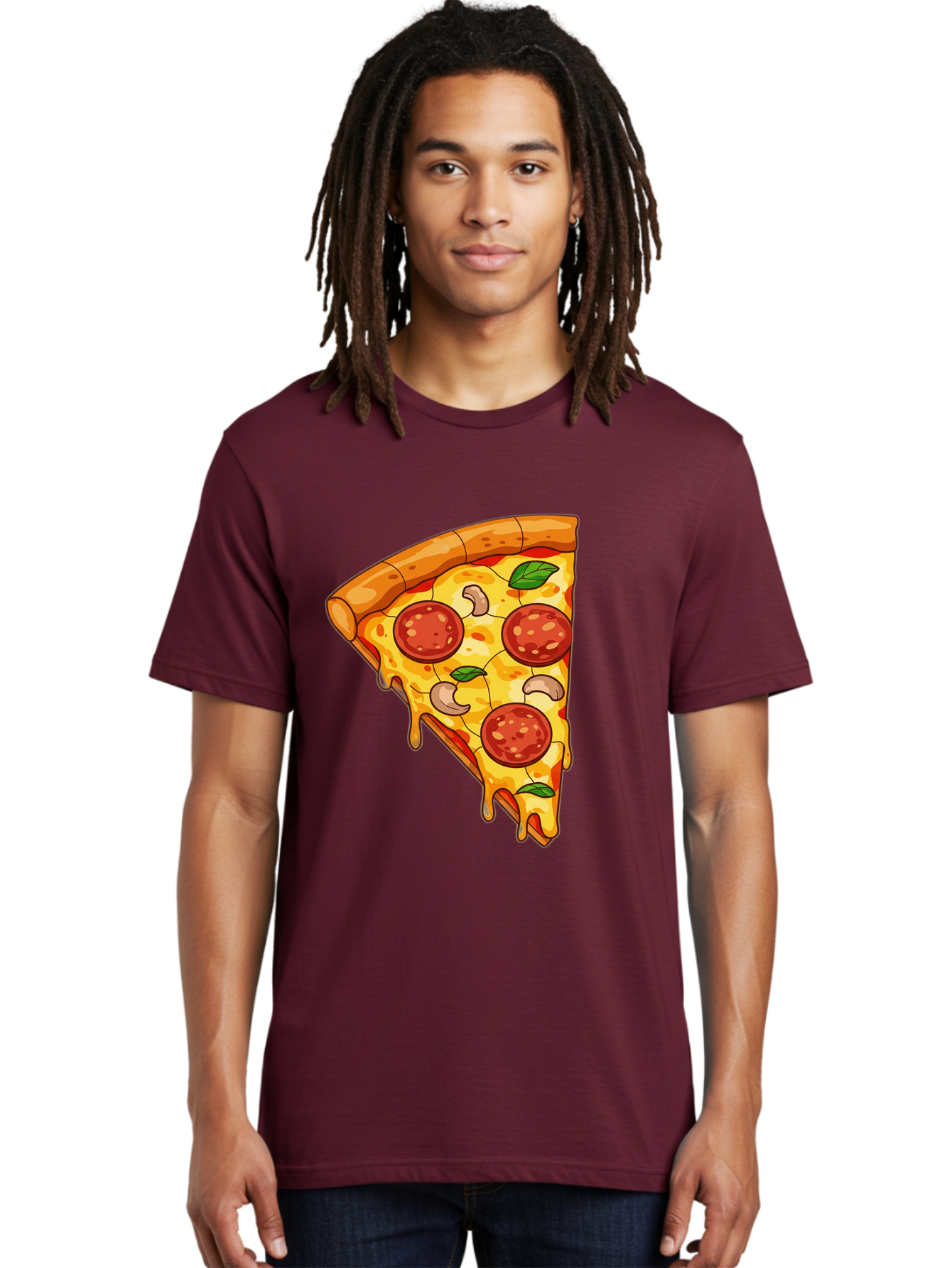 Pepperoni-Pizza-Slice-2 Men'S Graphic Tee, 100% Cotton, Comfortable Casual Summer Wear, Machine Washable, Cheesy Pizza Slice, Pepperoni Pizza, Cashew Nuts, Basil Leaves, Melted Cheese, Golden Crust, Cartoon Pizza, Pizza Graphics, Bac230