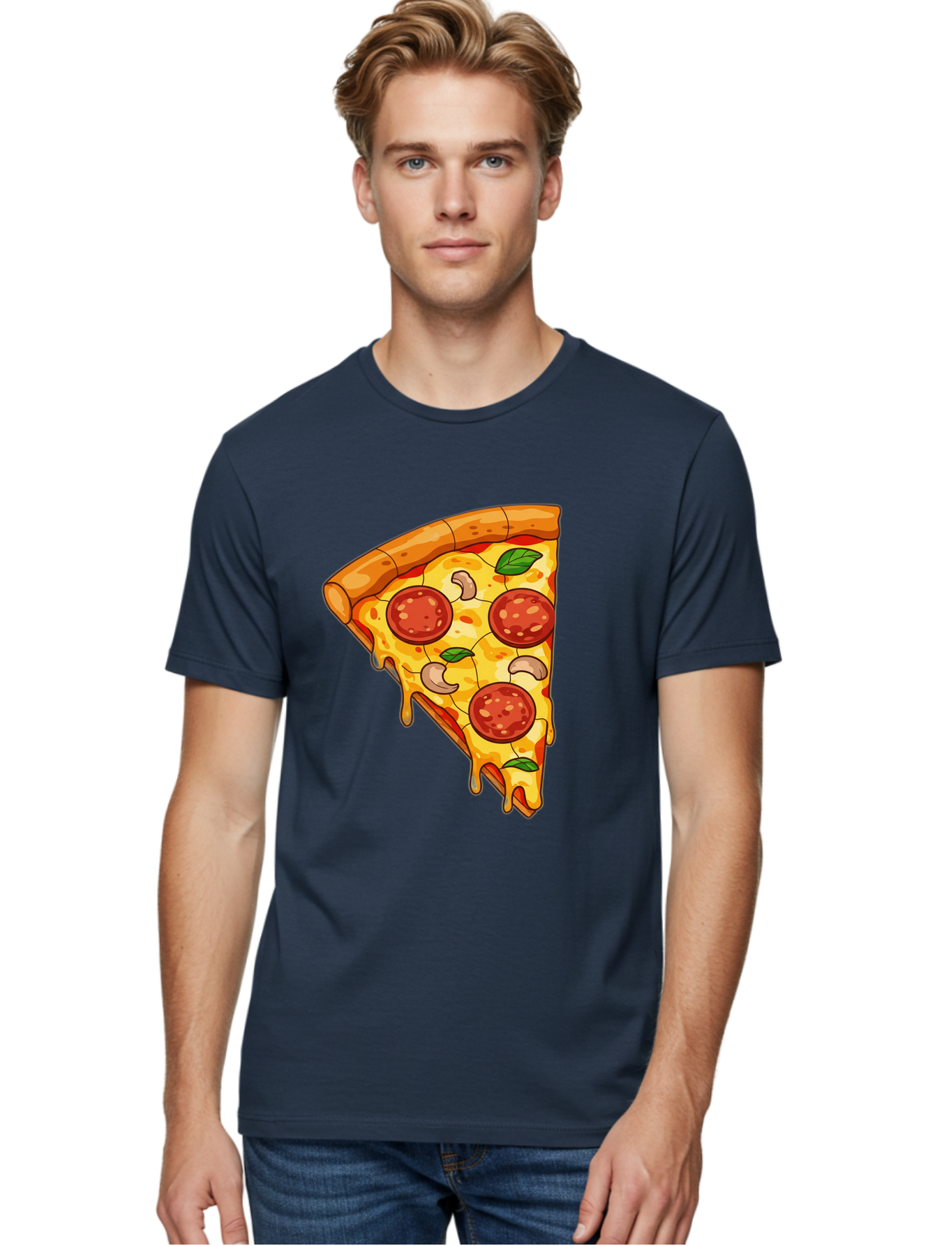 Pepperoni-Pizza-Slice-2 Men'S Graphic Tee, 100% Cotton, Comfortable Casual Summer Wear, Machine Washable, Cheesy Pizza Slice, Pepperoni Pizza, Cashew Nuts, Basil Leaves, Melted Cheese, Golden Crust, Cartoon Pizza, Pizza Graphics, Bac230