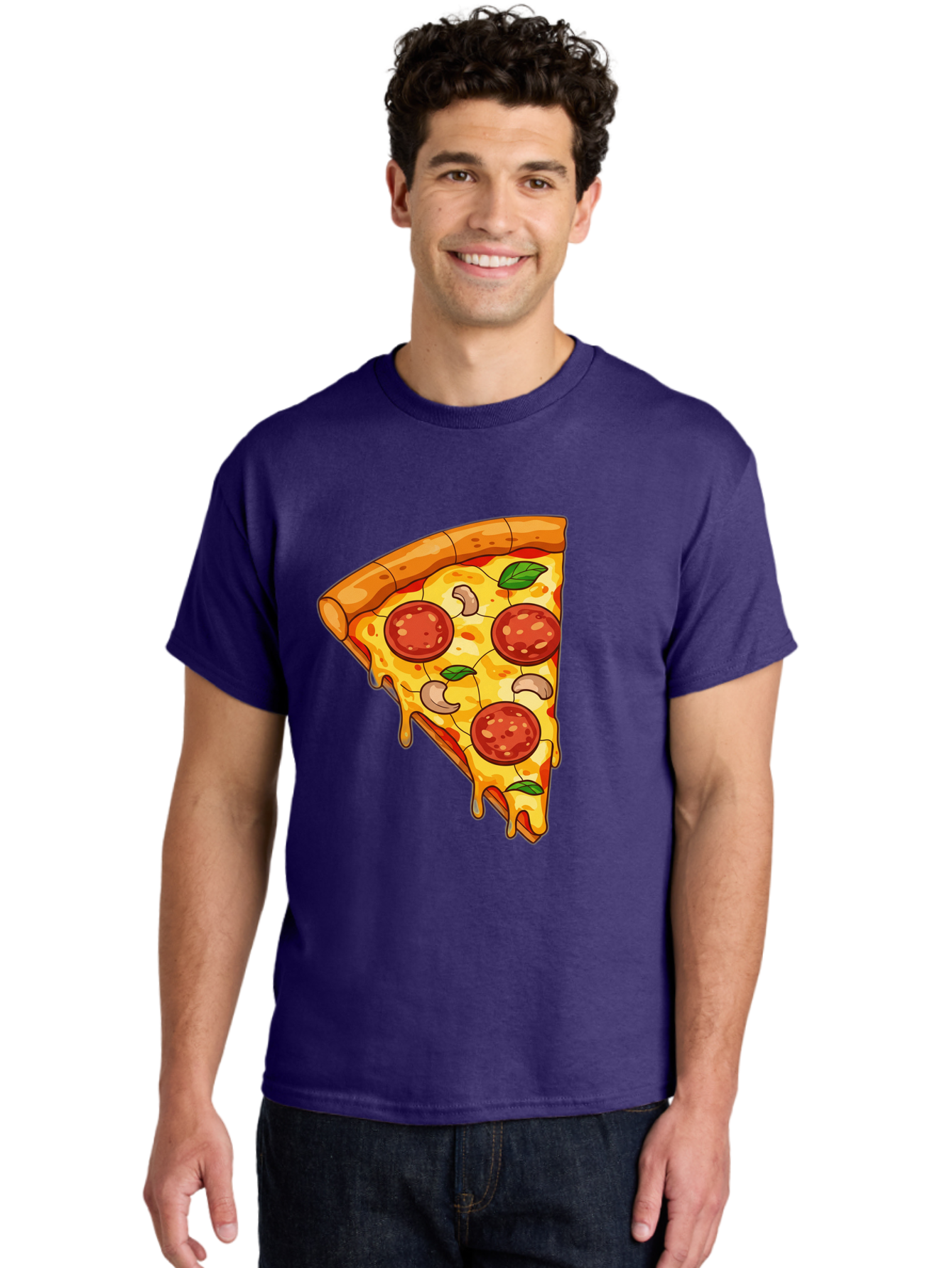 Pepperoni-Pizza-Slice-2 Men'S Graphic Tee, 100% Cotton, Comfortable Casual Summer Wear, Machine Washable, Cheesy Pizza Slice, Pepperoni Pizza, Cashew Nuts, Basil Leaves, Melted Cheese, Golden Crust, Cartoon Pizza, Pizza Graphics, Bac230