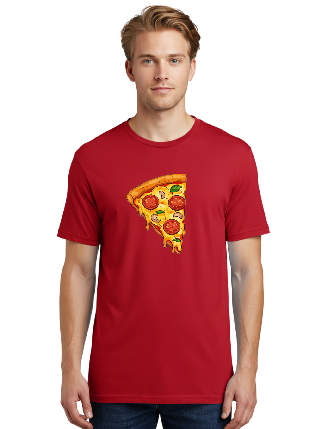 Pepperoni-Pizza-Slice-2 Men'S Graphic Tee, 100% Cotton, Comfortable Casual Summer Wear, Machine Washable, Cheesy Pizza Slice, Pepperoni Pizza, Cashew Nuts, Basil Leaves, Melted Cheese, Golden Crust, Cartoon Pizza, Pizza Graphics, Bac230