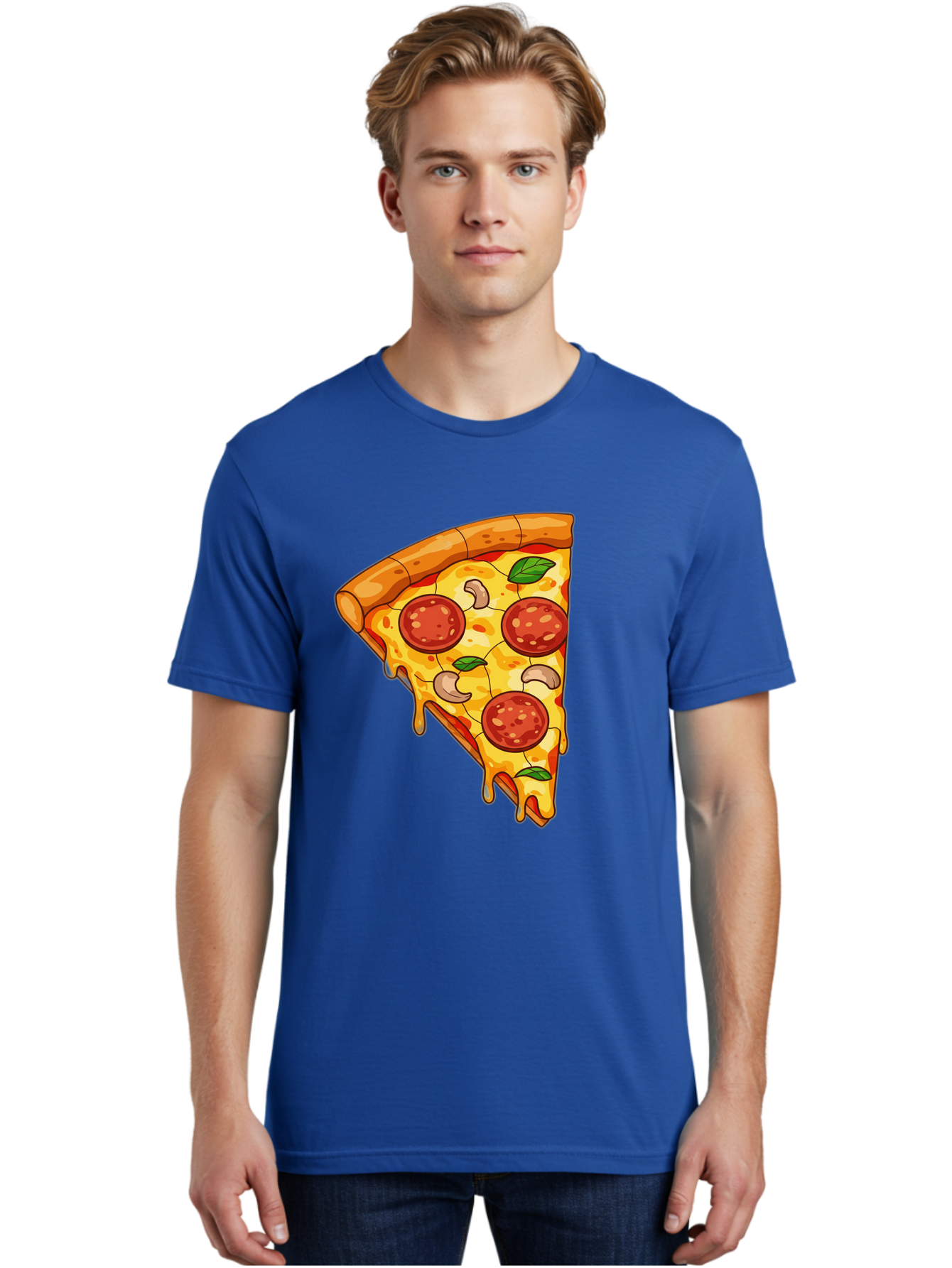 Pepperoni-Pizza-Slice-2 Men'S Graphic Tee, 100% Cotton, Comfortable Casual Summer Wear, Machine Washable, Cheesy Pizza Slice, Pepperoni Pizza, Cashew Nuts, Basil Leaves, Melted Cheese, Golden Crust, Cartoon Pizza, Pizza Graphics, Bac230
