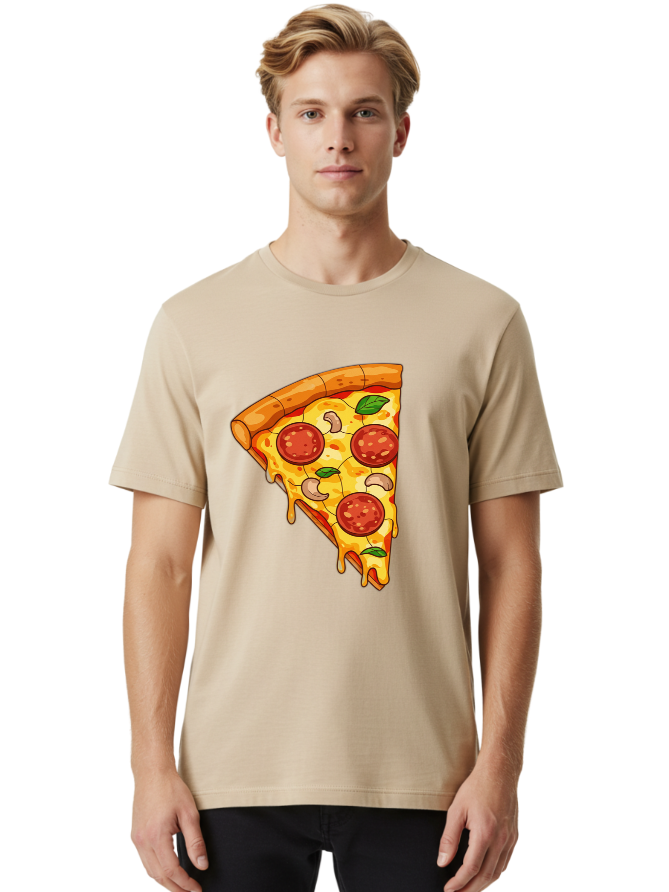Pepperoni-Pizza-Slice-2 Men'S Graphic Tee, 100% Cotton, Comfortable Casual Summer Wear, Machine Washable, Cheesy Pizza Slice, Pepperoni Pizza, Cashew Nuts, Basil Leaves, Melted Cheese, Golden Crust, Cartoon Pizza, Pizza Graphics, Bac230
