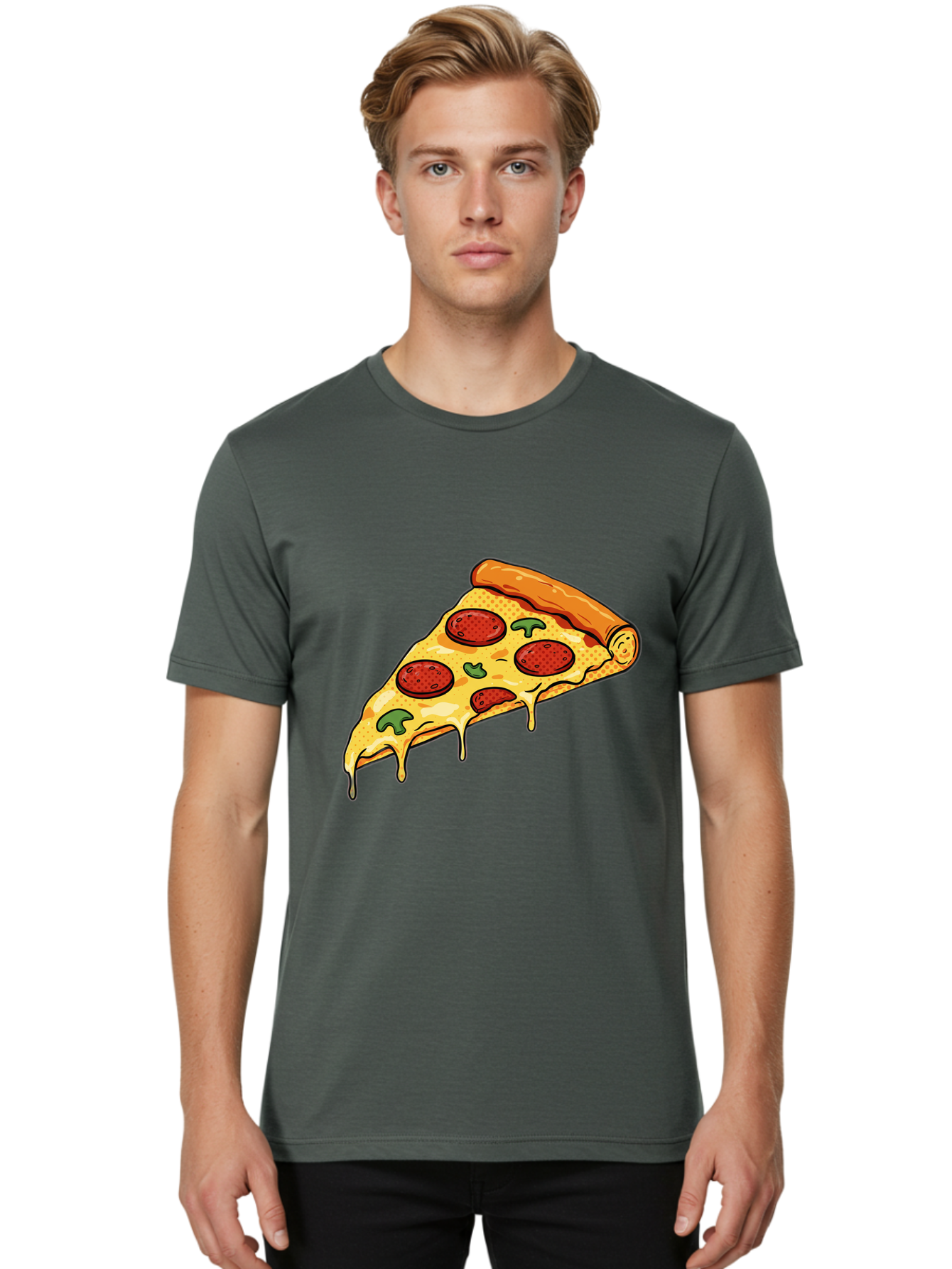 Pepperoni-Pizza-Slice-20 Men'S Graphic Tee, 100% Cotton, Comfortable Casual Summer Wear, Machine Washable, Pepperoni Pizza, Pizza Slice, Melted Cheese, Green Peppers, Tomato Sauce, Italian Food, Food Illustration, Cartoon Pizza, Tasty Pizza, Bac231