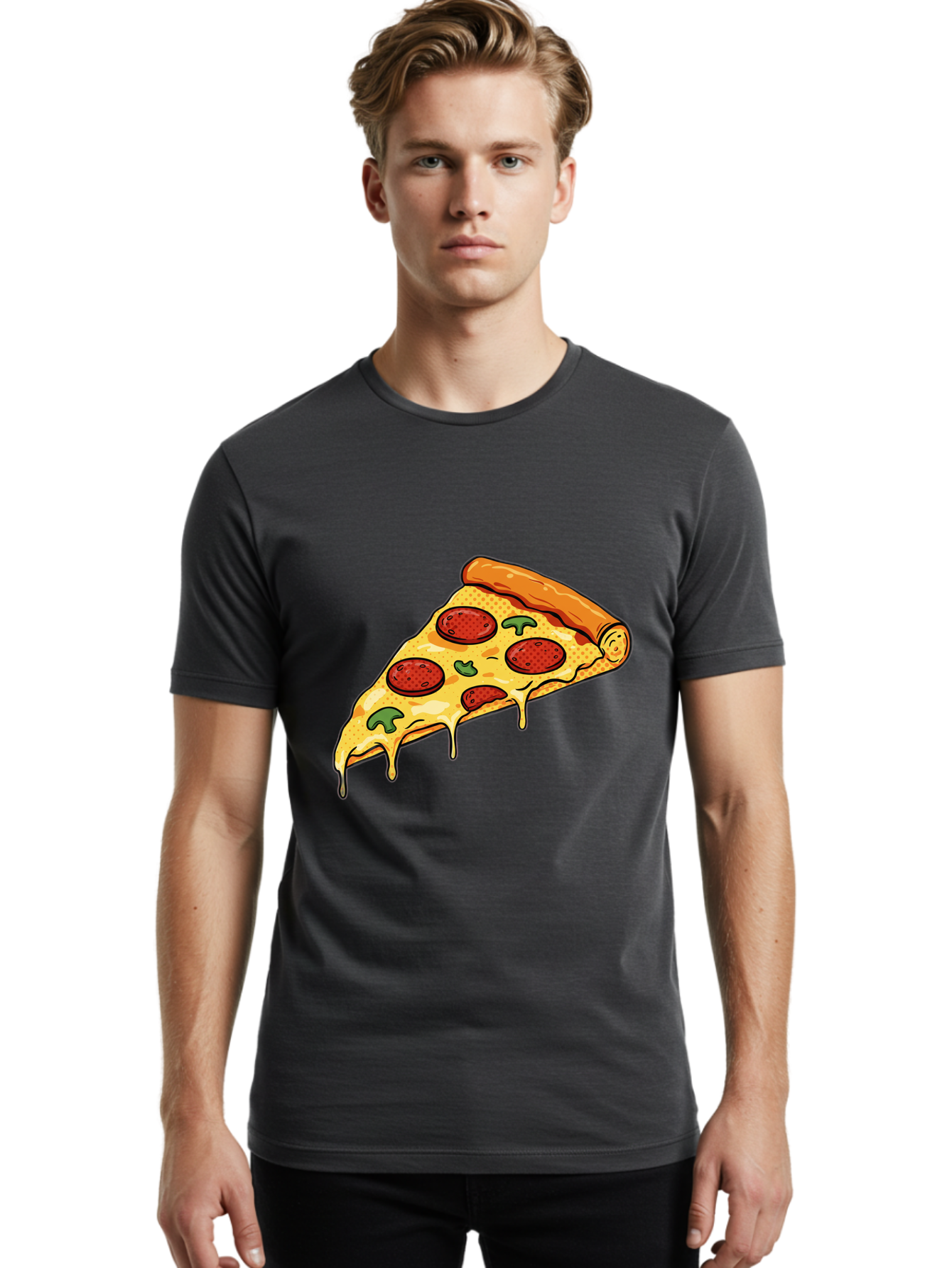 Pepperoni-Pizza-Slice-20 Men'S Graphic Tee, 100% Cotton, Comfortable Casual Summer Wear, Machine Washable, Pepperoni Pizza, Pizza Slice, Melted Cheese, Green Peppers, Tomato Sauce, Italian Food, Food Illustration, Cartoon Pizza, Tasty Pizza, Bac231