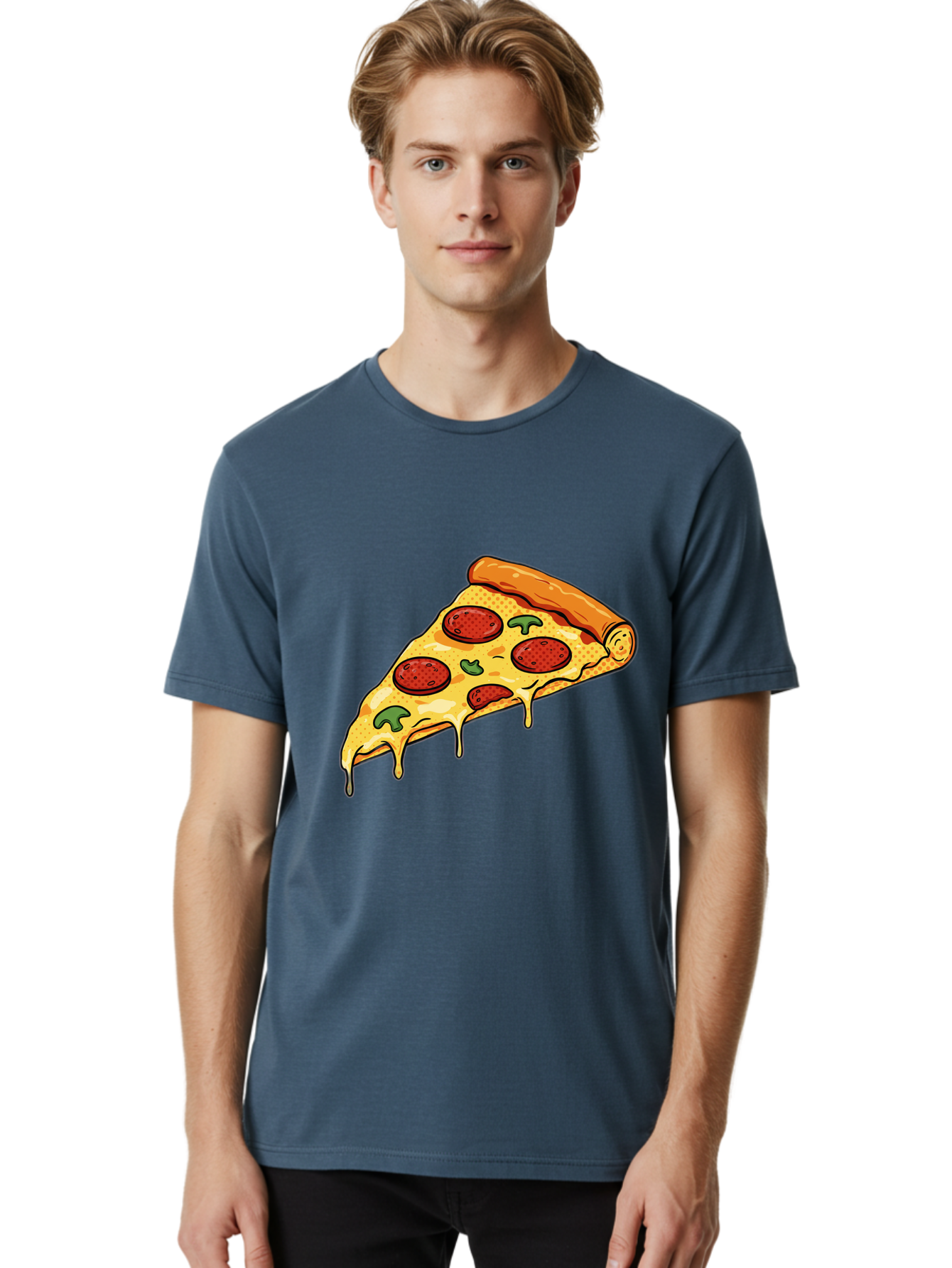 Pepperoni-Pizza-Slice-20 Men'S Graphic Tee, 100% Cotton, Comfortable Casual Summer Wear, Machine Washable, Pepperoni Pizza, Pizza Slice, Melted Cheese, Green Peppers, Tomato Sauce, Italian Food, Food Illustration, Cartoon Pizza, Tasty Pizza, Bac231