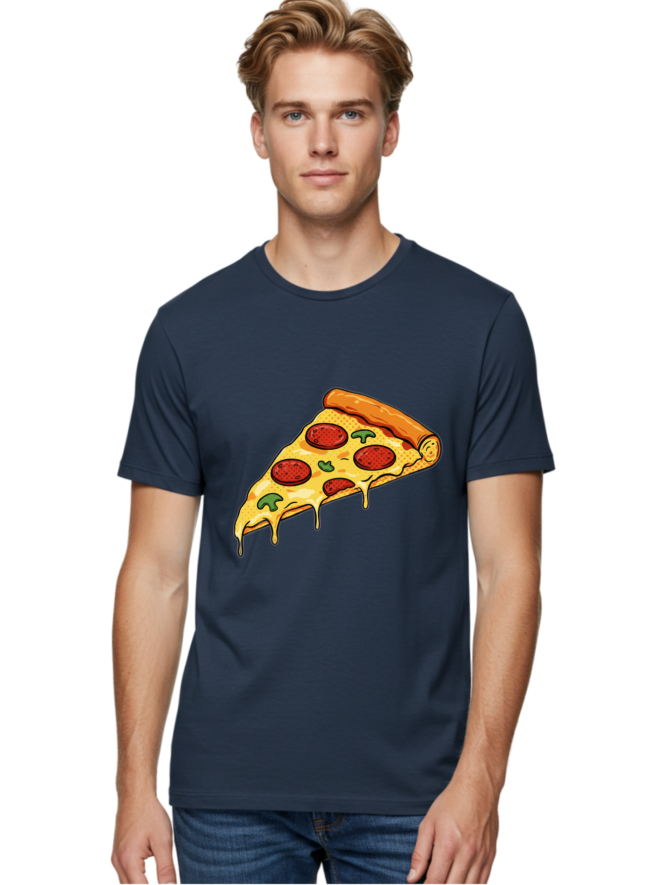 Pepperoni-Pizza-Slice-20 Men'S Graphic Tee, 100% Cotton, Comfortable Casual Summer Wear, Machine Washable, Pepperoni Pizza, Pizza Slice, Melted Cheese, Green Peppers, Tomato Sauce, Italian Food, Food Illustration, Cartoon Pizza, Tasty Pizza, Bac231