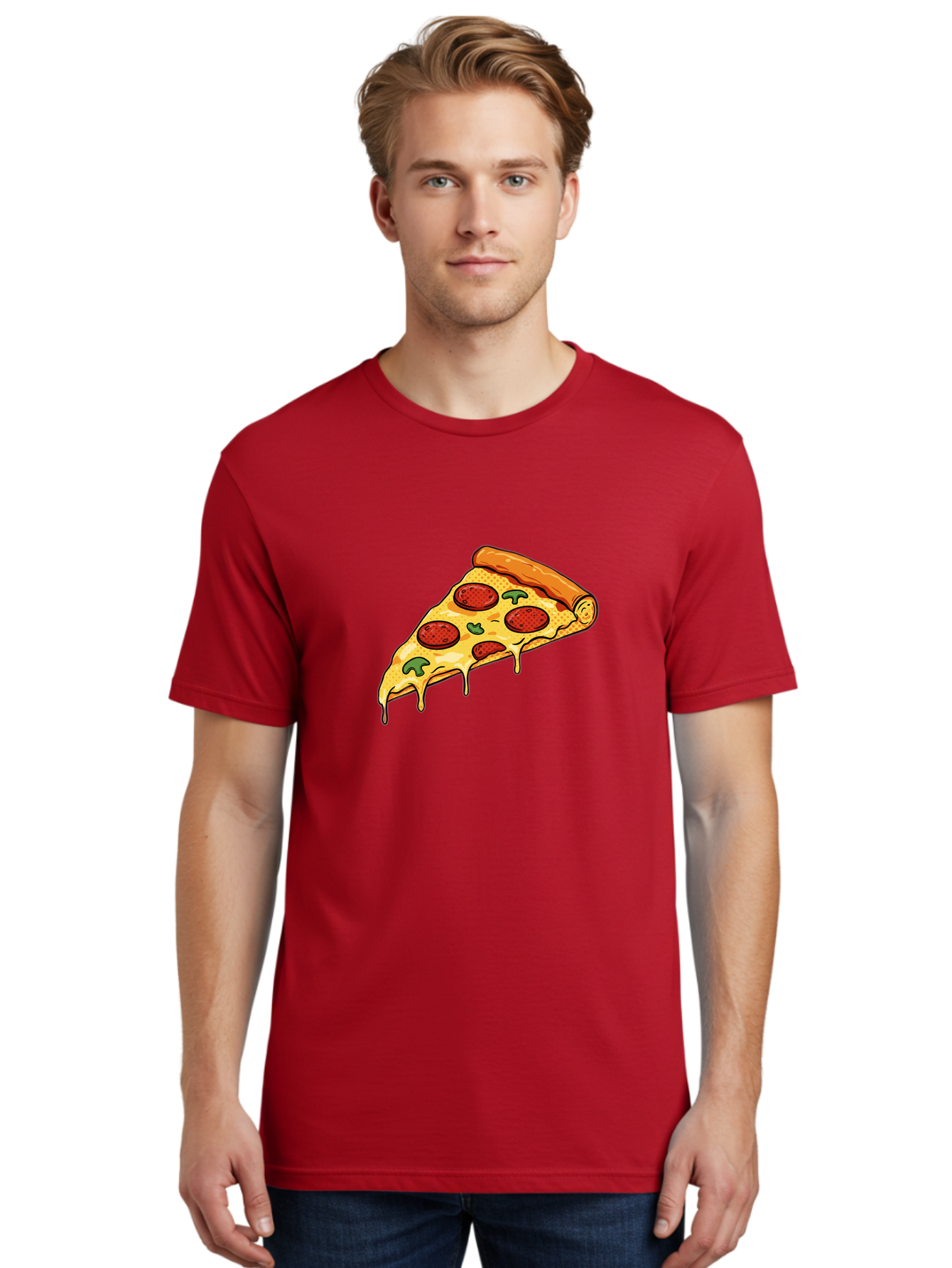 Pepperoni-Pizza-Slice-20 Men'S Graphic Tee, 100% Cotton, Comfortable Casual Summer Wear, Machine Washable, Pepperoni Pizza, Pizza Slice, Melted Cheese, Green Peppers, Tomato Sauce, Italian Food, Food Illustration, Cartoon Pizza, Tasty Pizza, Bac231