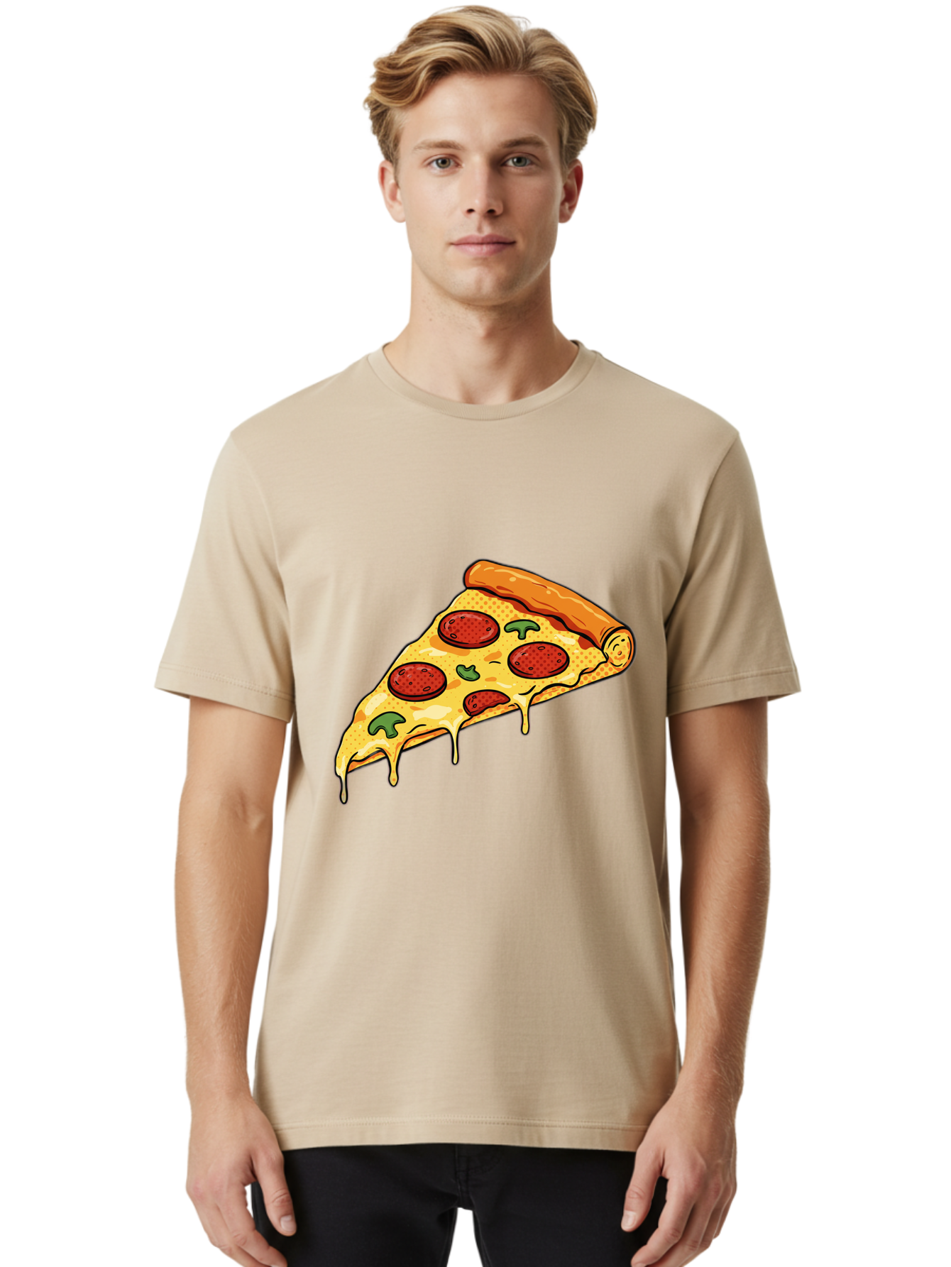 Pepperoni-Pizza-Slice-20 Men'S Graphic Tee, 100% Cotton, Comfortable Casual Summer Wear, Machine Washable, Pepperoni Pizza, Pizza Slice, Melted Cheese, Green Peppers, Tomato Sauce, Italian Food, Food Illustration, Cartoon Pizza, Tasty Pizza, Bac231