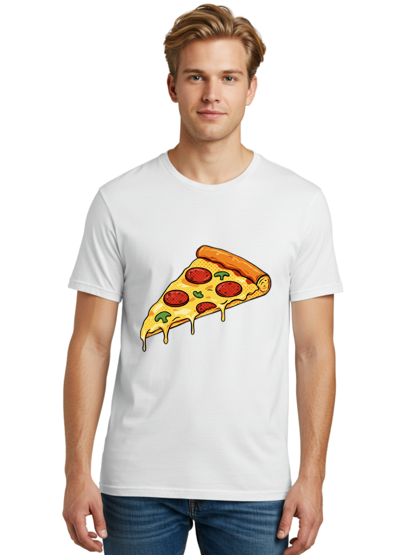 Pepperoni-Pizza-Slice-20 Men'S Graphic Tee, 100% Cotton, Comfortable Casual Summer Wear, Machine Washable, Pepperoni Pizza, Pizza Slice, Melted Cheese, Green Peppers, Tomato Sauce, Italian Food, Food Illustration, Cartoon Pizza, Tasty Pizza, Bac231