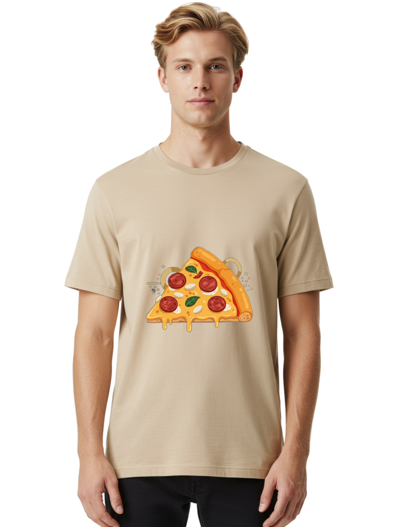 Pepperoni-Pizza-Slice-22 Men'S Graphic Tee, 100% Cotton, Comfortable Casual Summer Wear, Machine Washable, Pepperoni Pizza, Cheesy Goodness, Melted Cheese, Italian Cuisine, Savory Flavors, Appetizing Treat, Food Illustration, Bac233