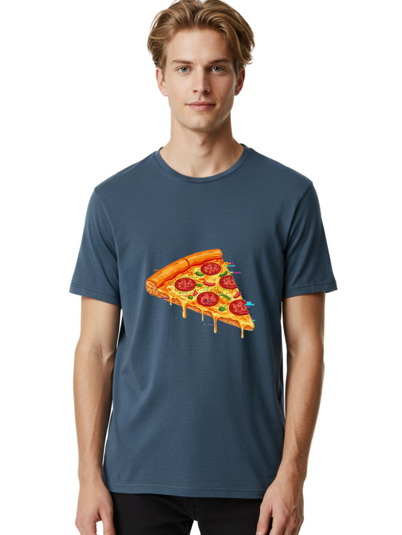 Pepperoni-Pizza-Slice-23 Men'S Graphic Tee, 100% Cotton, Comfortable Casual Summer Wear, Machine Washable, Pepperoni Pizza, Cheese Pizza, Pizza Slice, Melted Cheese, Pepperoni Toppings, Glitch Art, Distorted Image, Digital Art, Modern Design, Bac234